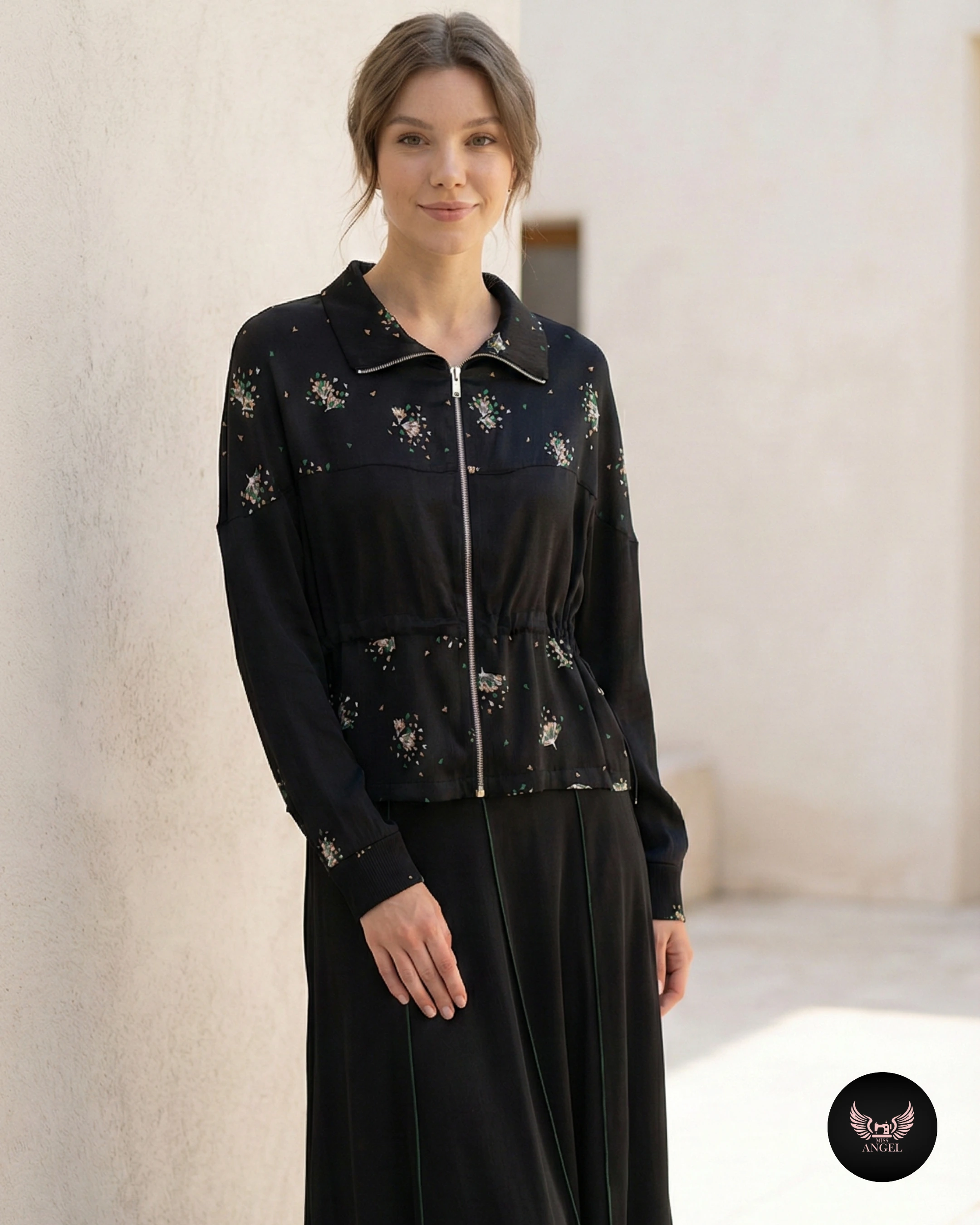 Çiçek Desenli İpek Cupro Siyah Ceket - Etek Takımı