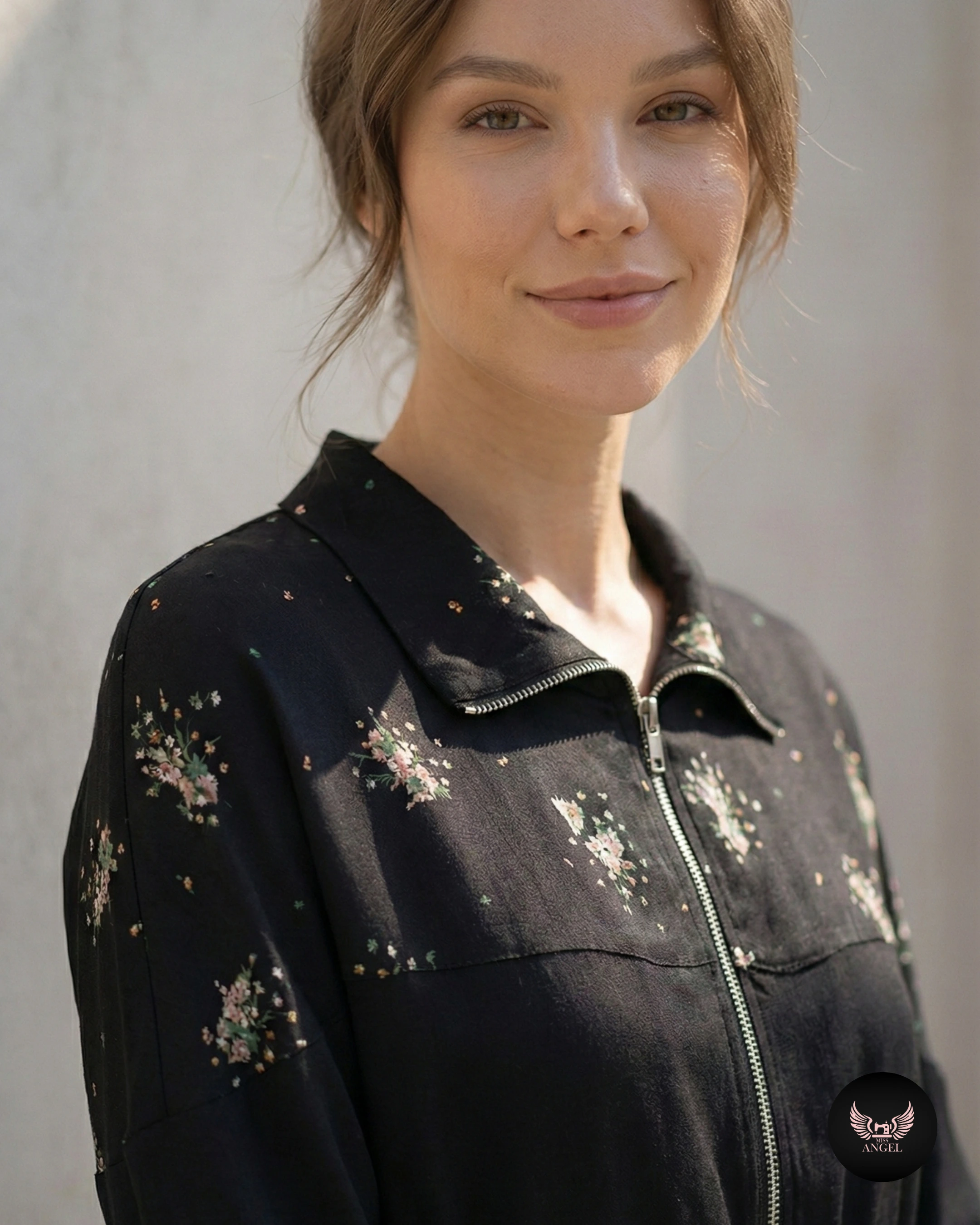 Çiçek Desenli İpek Cupro Siyah Ceket - Etek Takımı