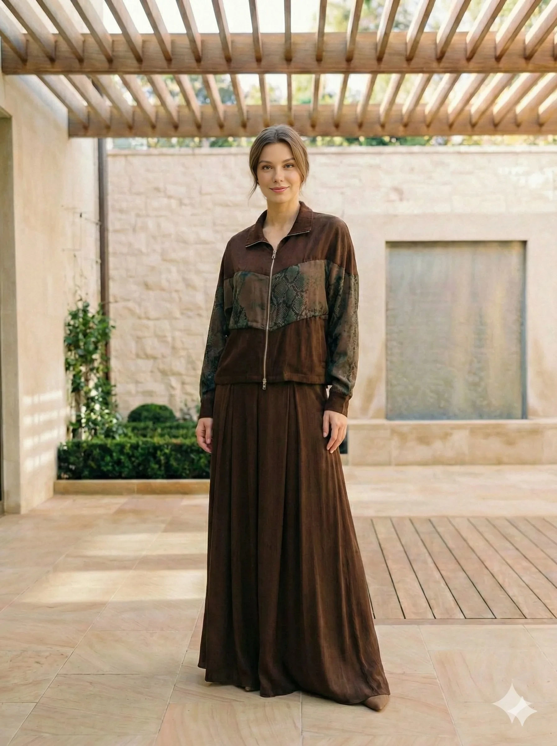 Desenli İpek Cupro Kahverengi Ceket - Etek Takımı