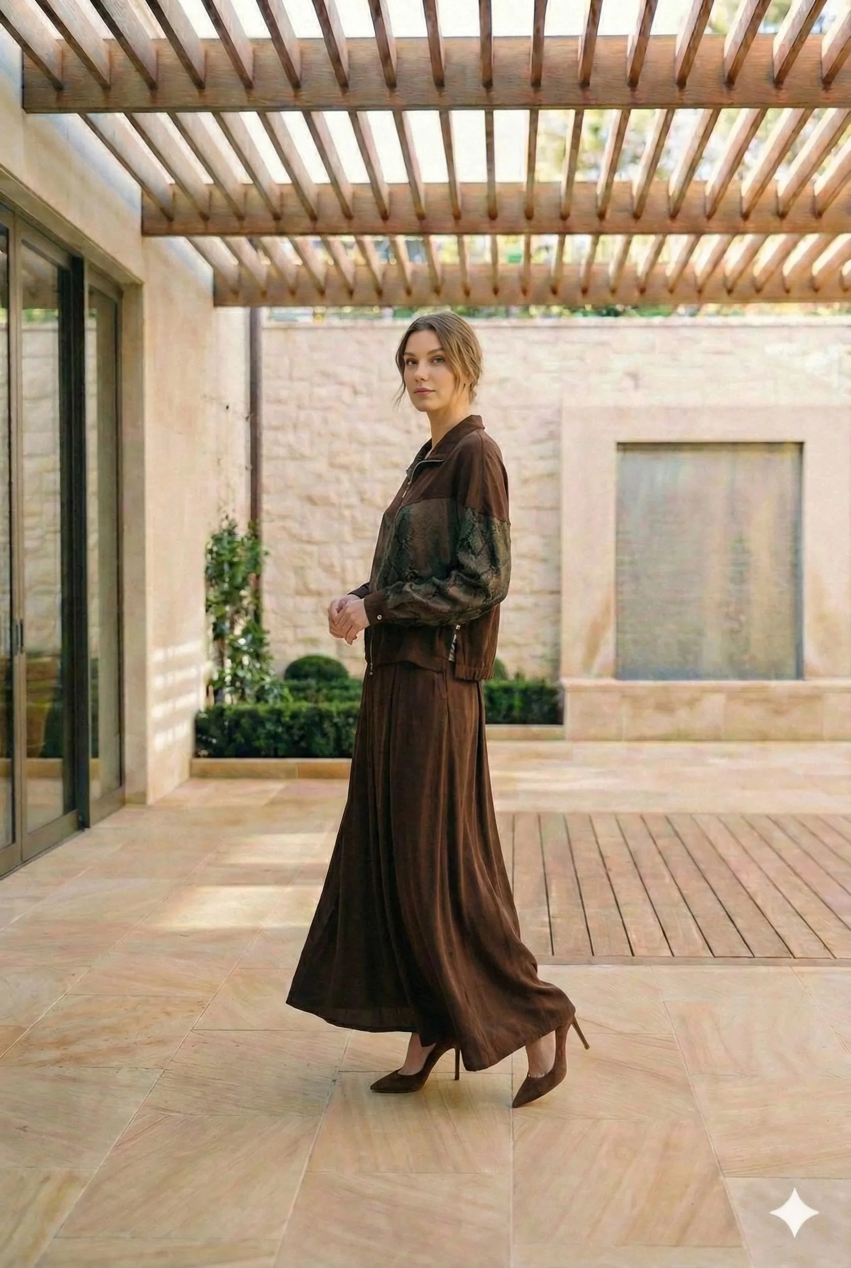 Desenli İpek Cupro Kahverengi Ceket - Etek Takımı