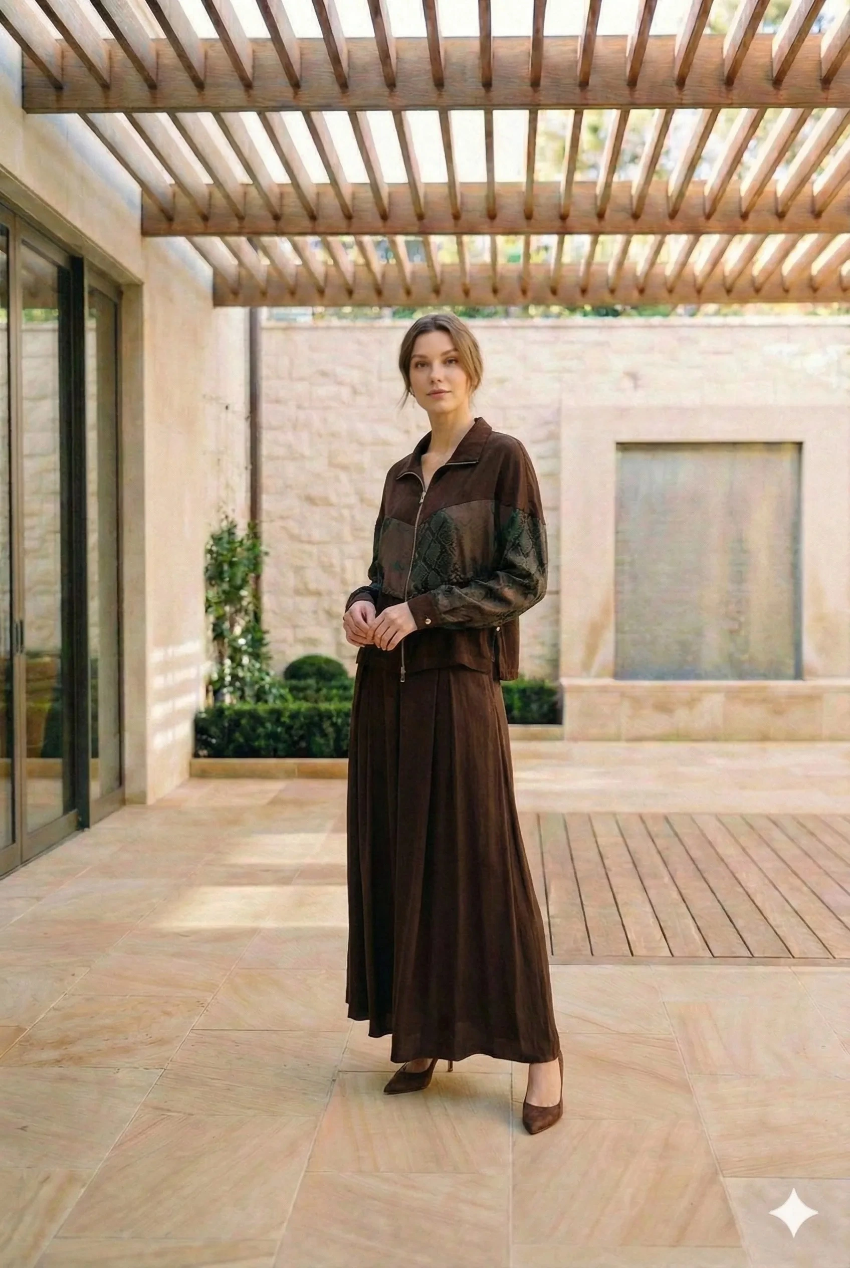 Desenli İpek Cupro Kahverengi Ceket - Etek Takımı