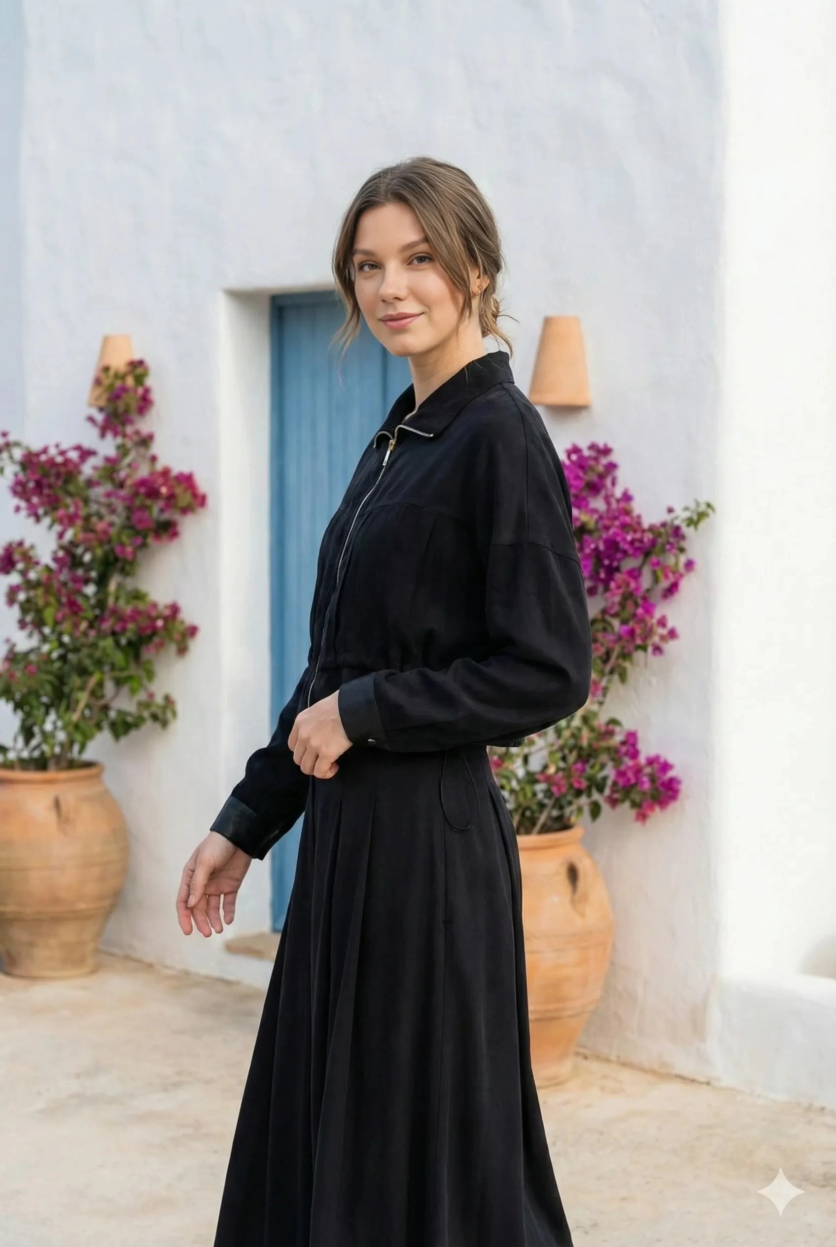 Çizgi Desenli İpek Cupro Siyah Ceket - Etek Takımı