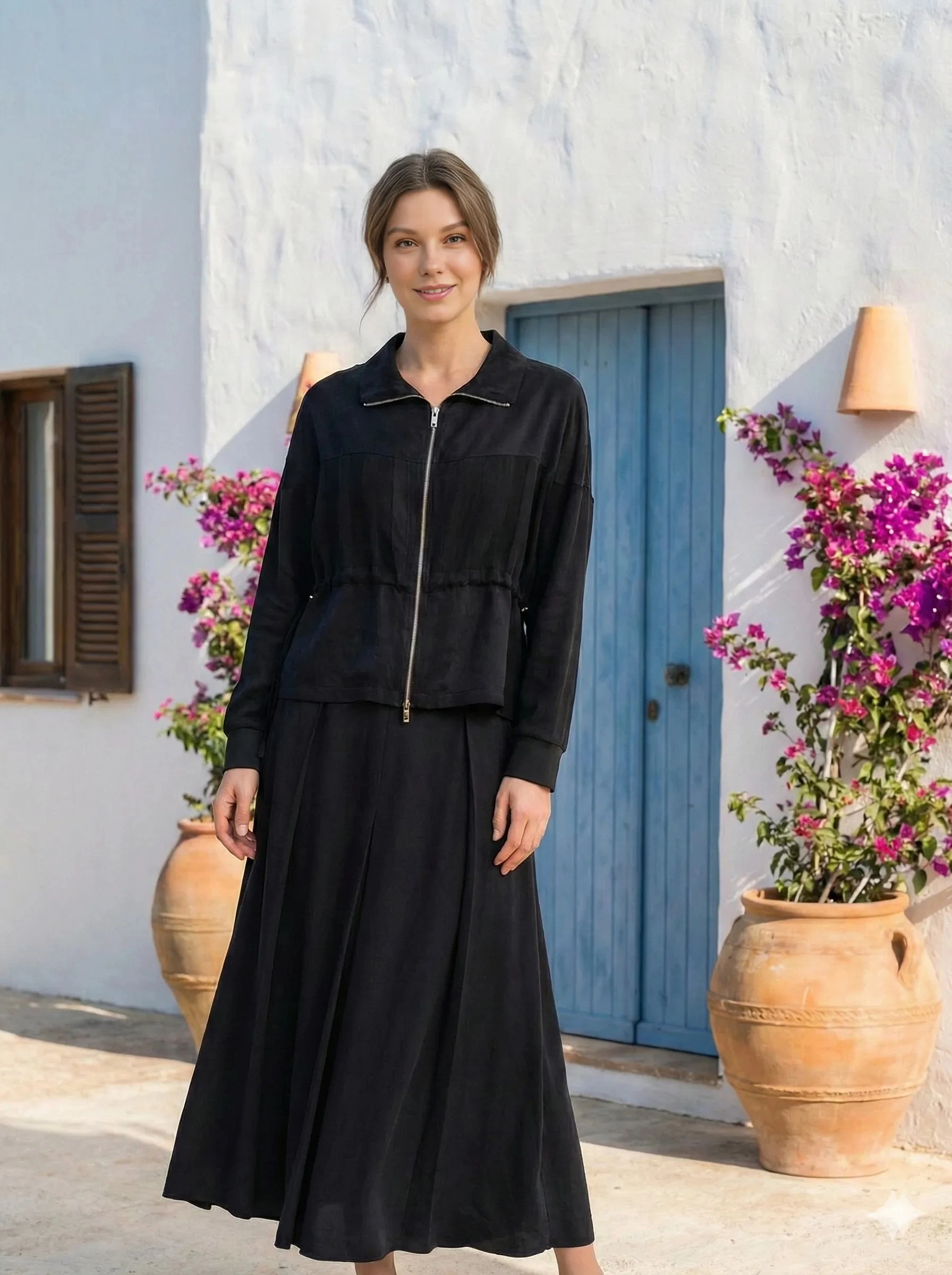 Çizgi Desenli İpek Cupro Siyah Ceket - Etek Takımı