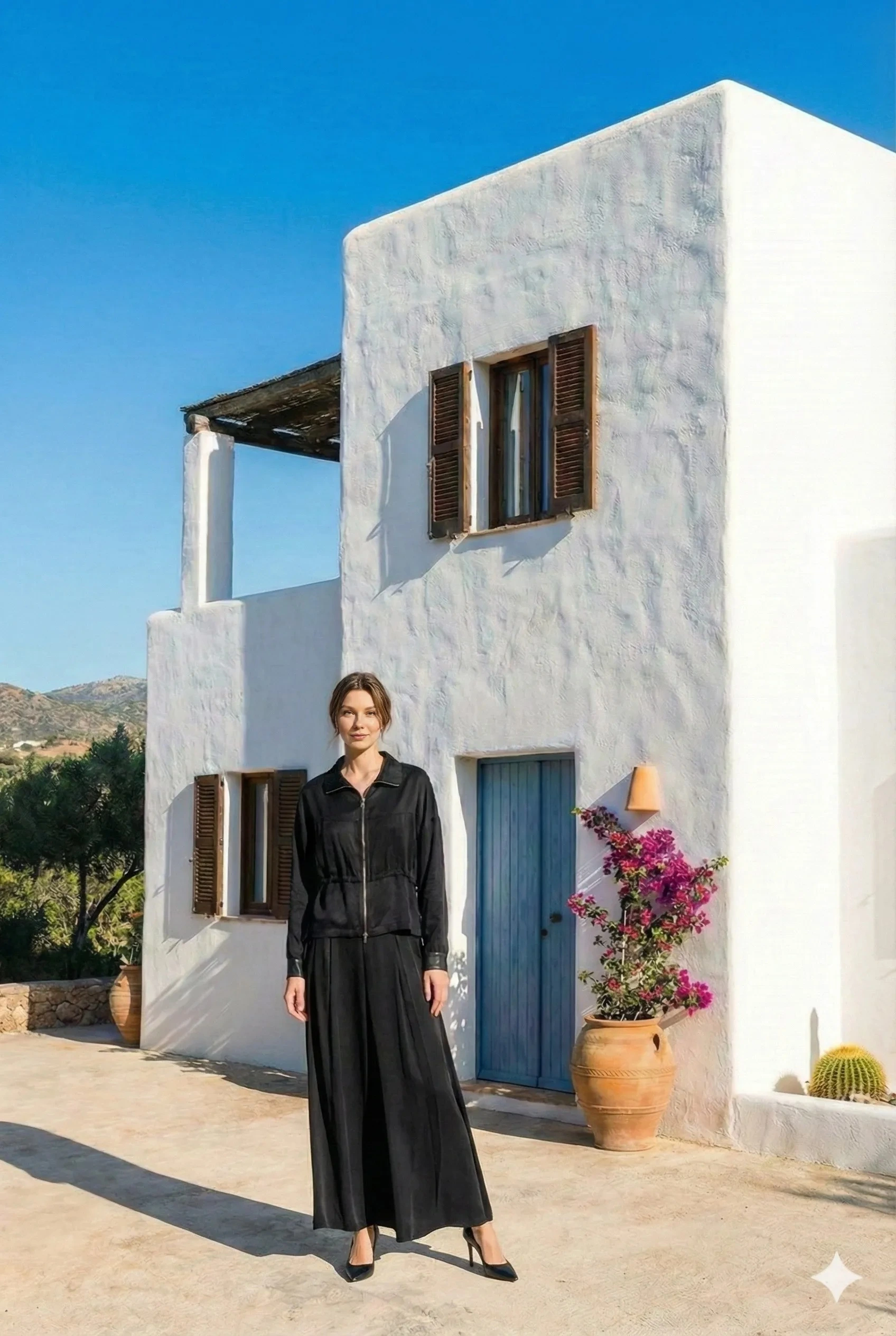 Çizgi Desenli İpek Cupro Siyah Ceket - Etek Takımı