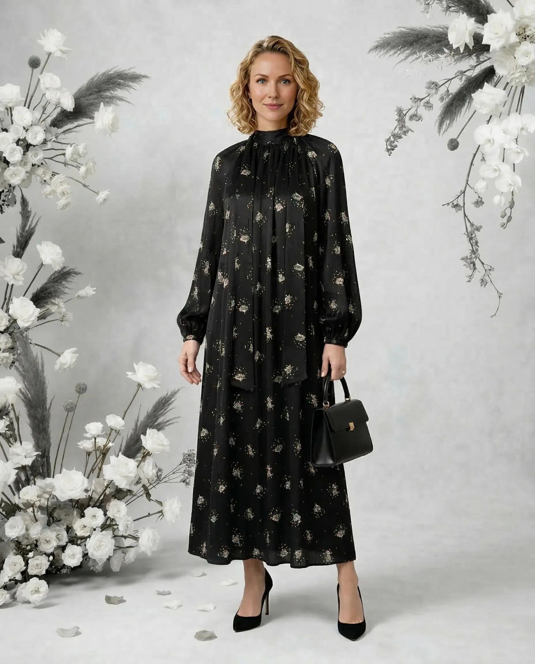 Siyah Çiçek Desenli Cupro İpek Kravat Yaka Elbise - ELBİSE