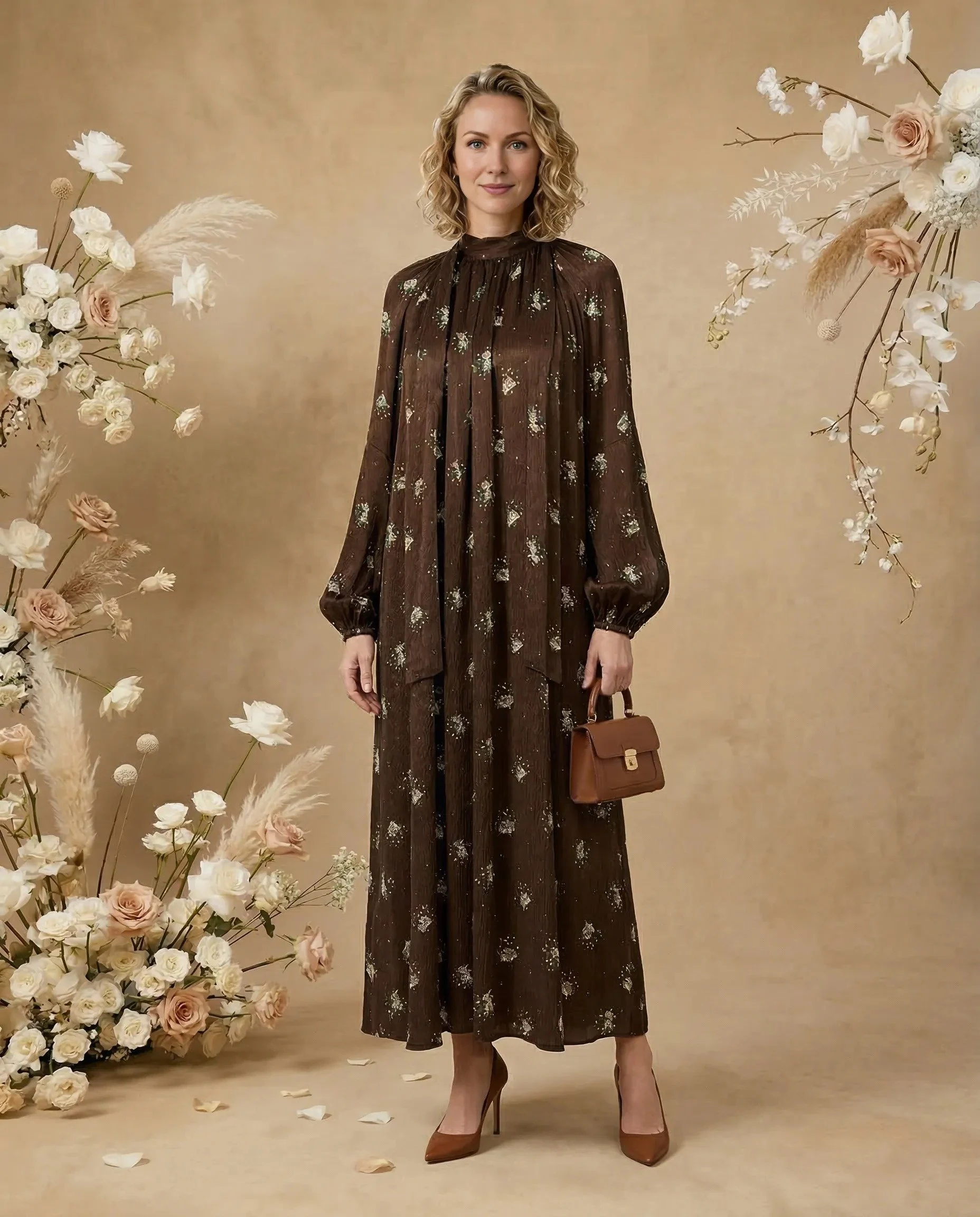 Kahverengi Çiçek Desenli Cupro İpek Kravat Yaka Elbise - ELBİSE