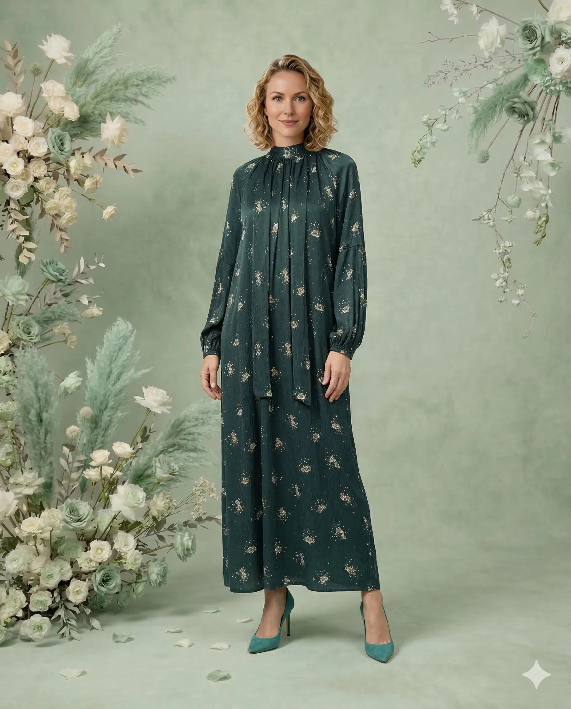 Ördek Yeşili Çiçek Desenli Cupro İpek Kravat Yaka Elbise - ELBİSE