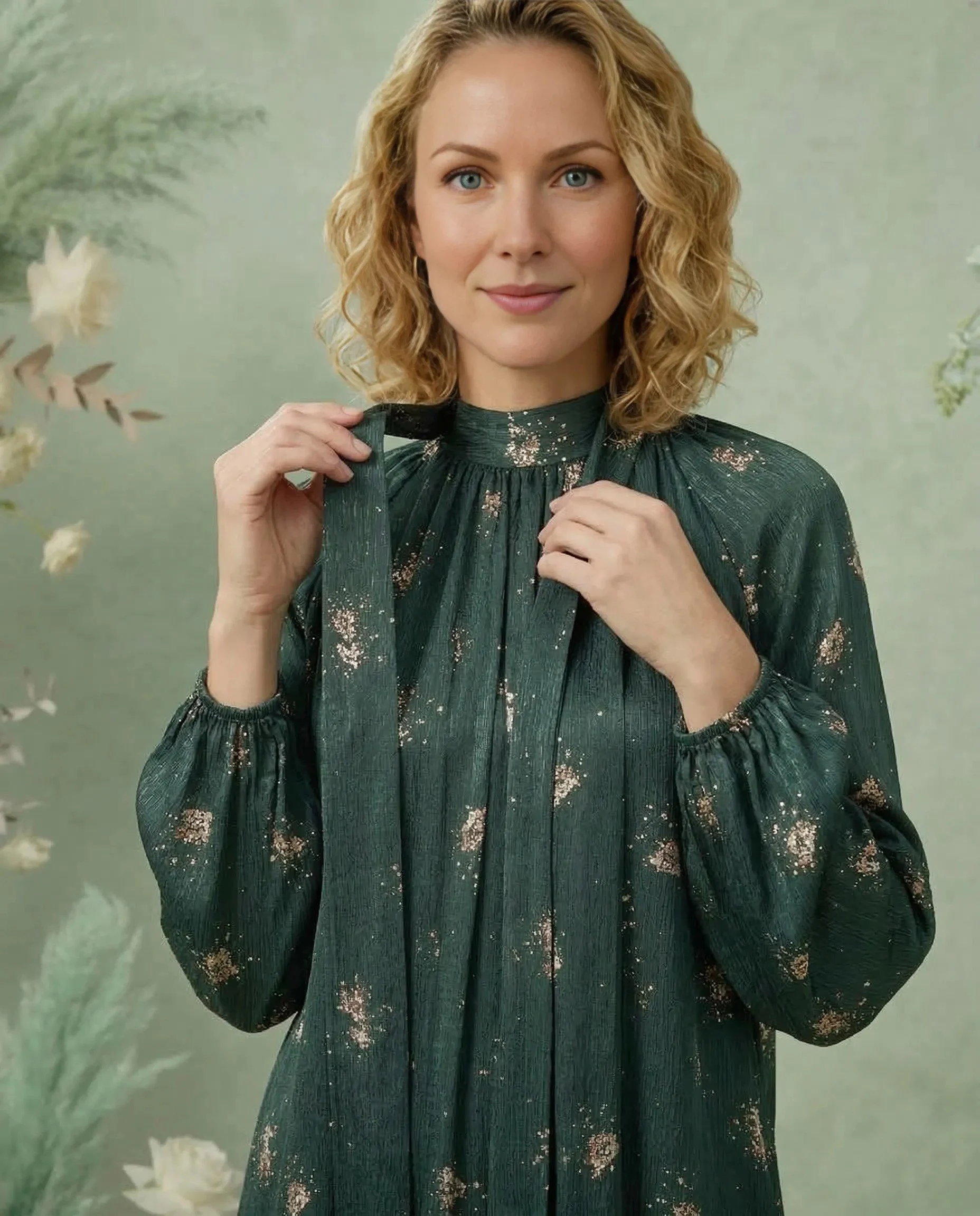 Ördek Yeşili Çiçek Desenli Cupro İpek Kravat Yaka Elbise - Görsel 3