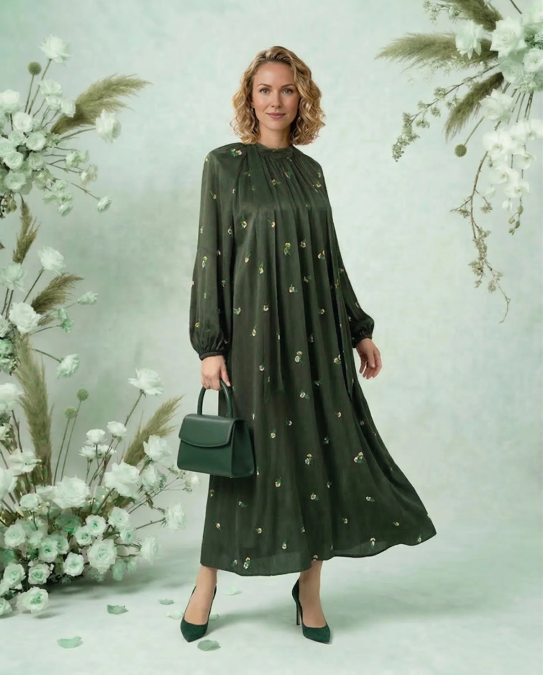 Yeşil Çiçek Desenli Cupro İpek Kravat Yaka Elbise - ELBİSE