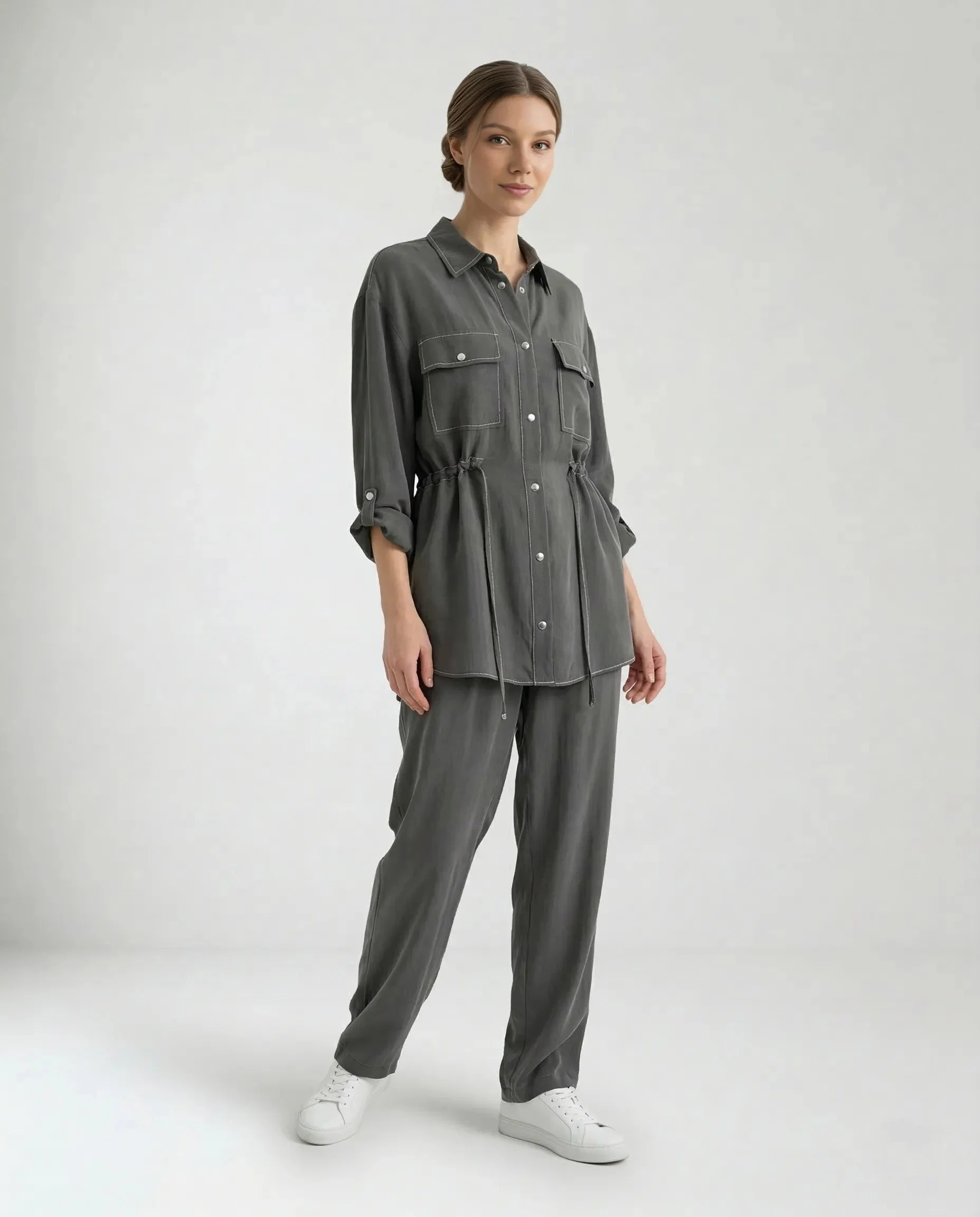 Gri İpek Cupro Çıtçıtlı Gömlek Pantolon Takımı - İKİLİ TAKIMLAR