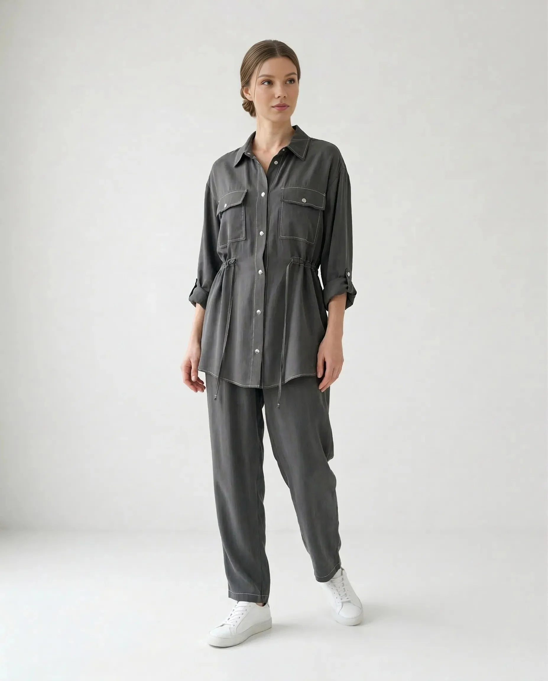 Gri İpek Cupro Çıtçıtlı Gömlek Pantolon Takımı - Görsel 2