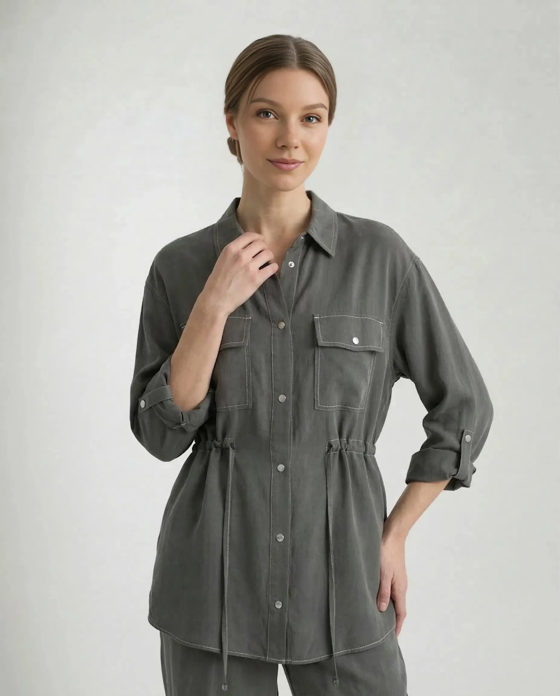 Gri İpek Cupro Çıtçıtlı Gömlek Pantolon Takımı - Görsel 3