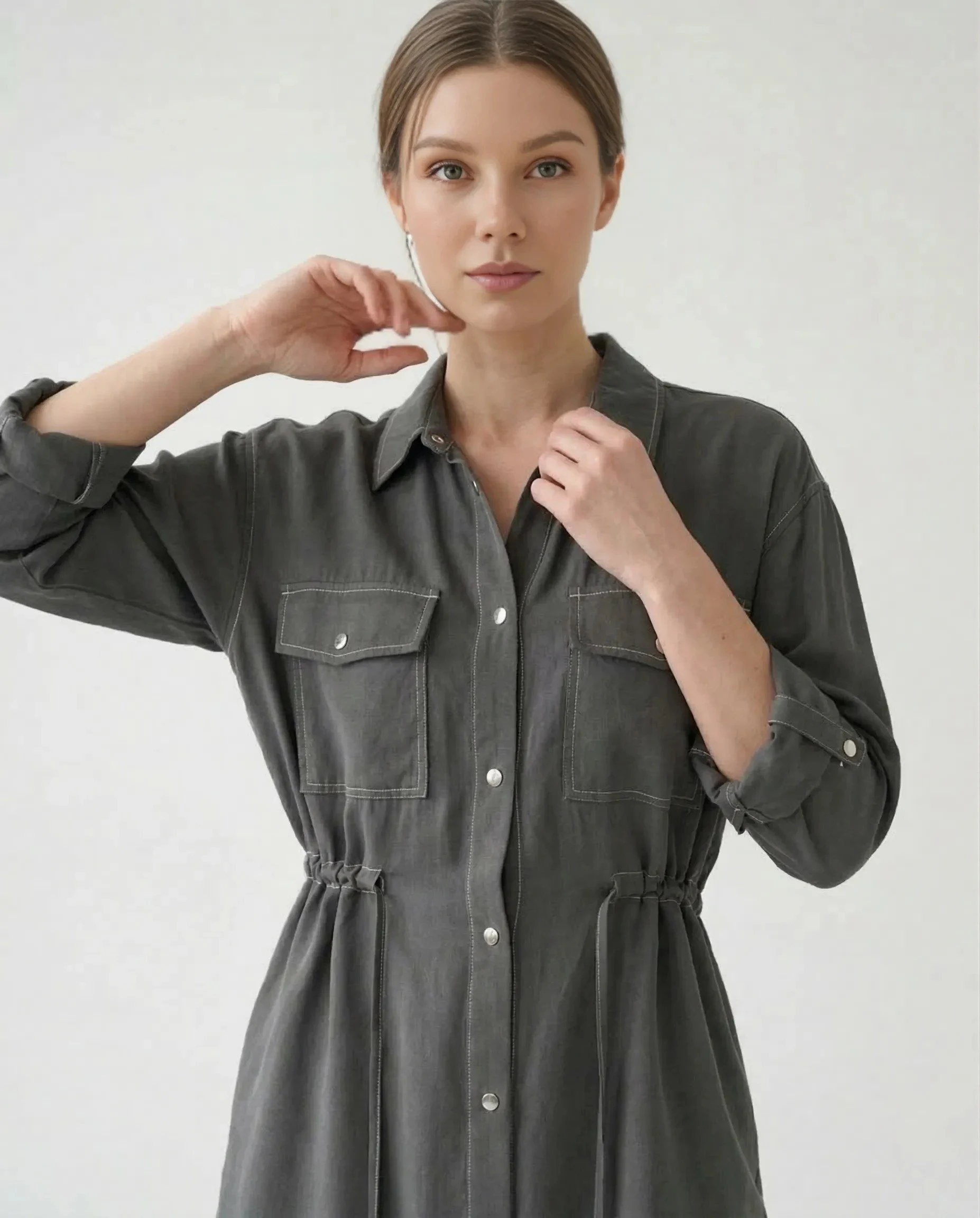 Gri İpek Cupro Çıtçıtlı Gömlek Pantolon Takımı - Görsel 4