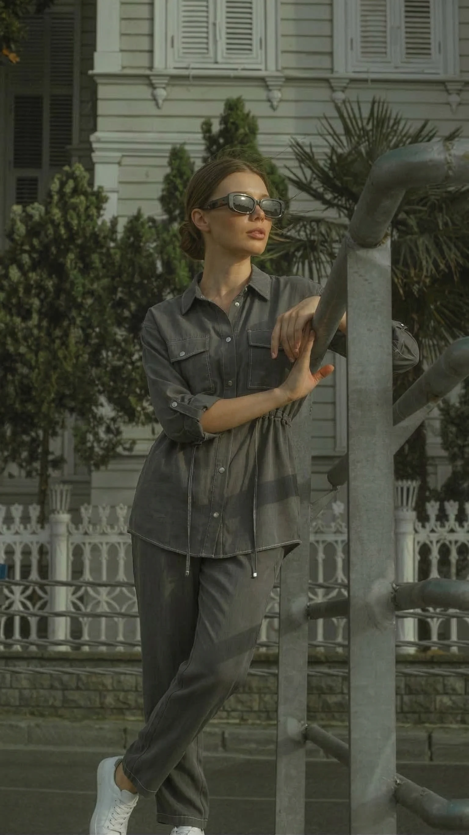 Gri İpek Cupro Çıtçıtlı Gömlek Pantolon Takımı - Görsel 5