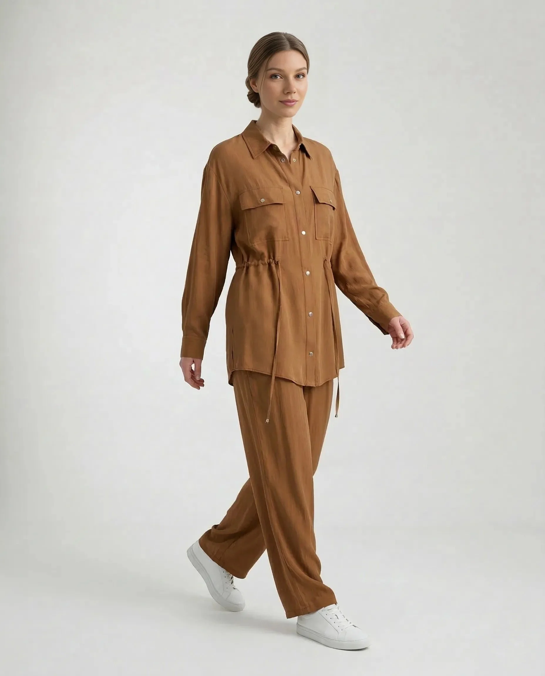 Deve Tüyü İpek Cupro Çıtçıtlı Gömlek Pantolon Takımı - İKİLİ TAKIMLAR