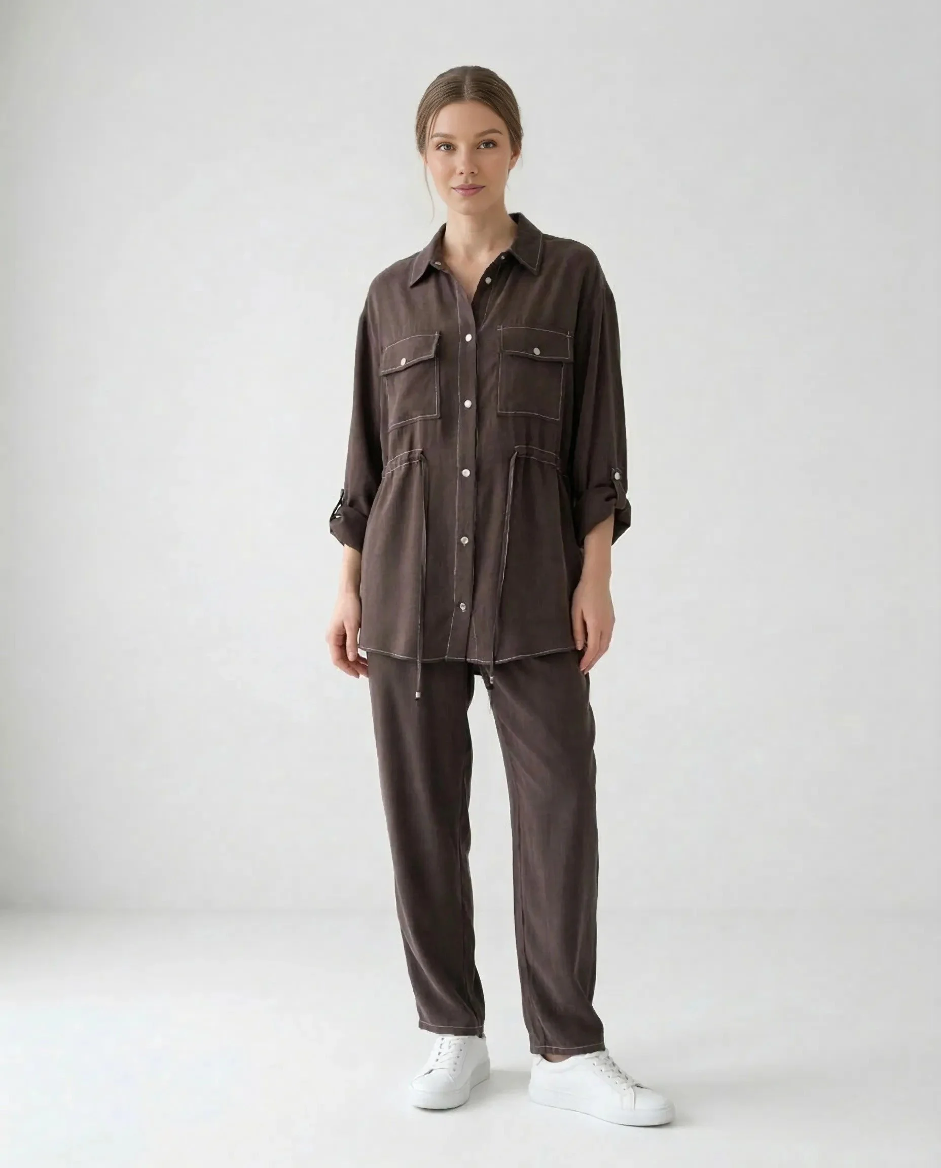 Kahverengi İpek Cupro Çıtçıtlı Gömlek Pantolon Takımı - İKİLİ TAKIMLAR