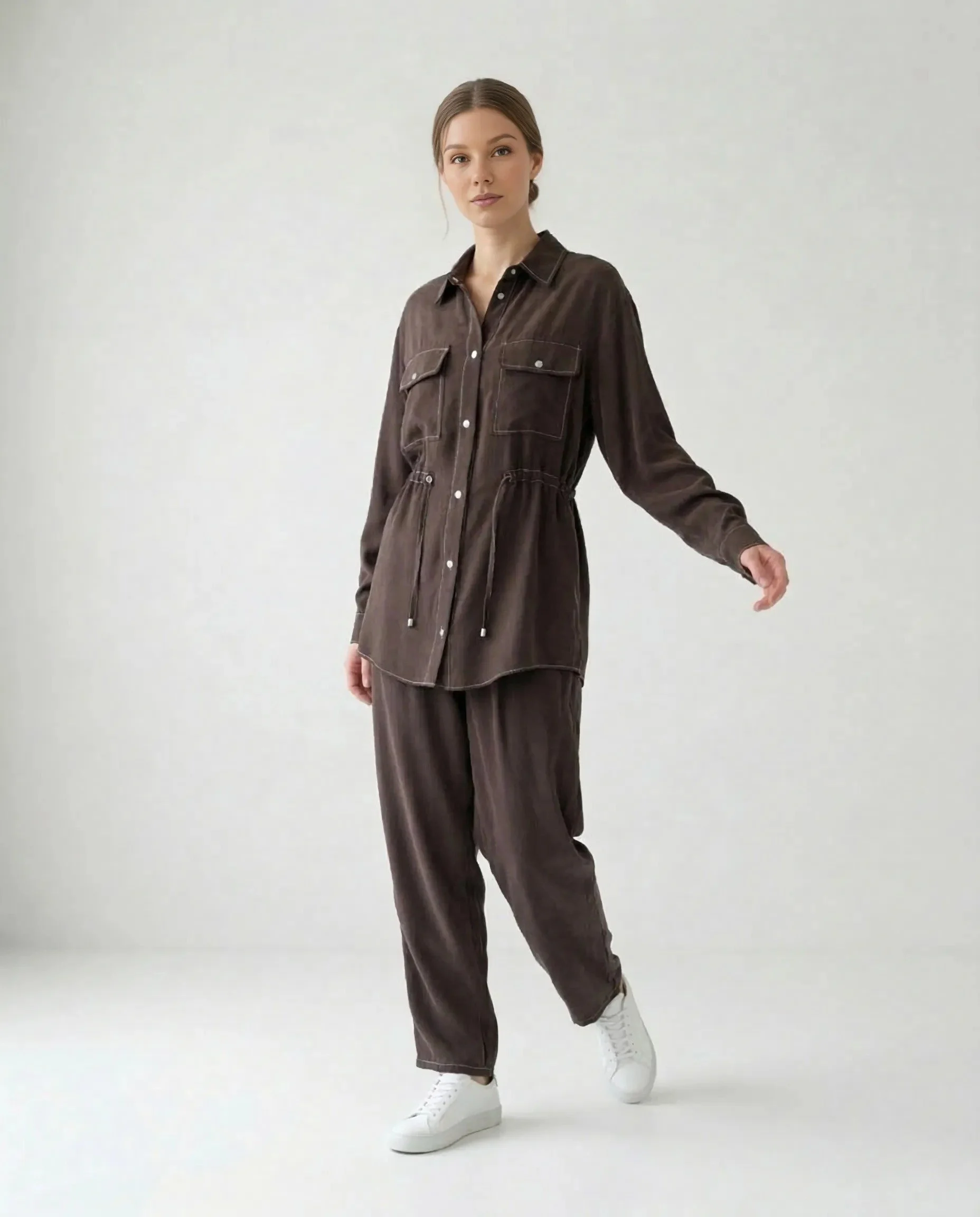 Kahverengi İpek Cupro Çıtçıtlı Gömlek Pantolon Takımı - Görsel 2