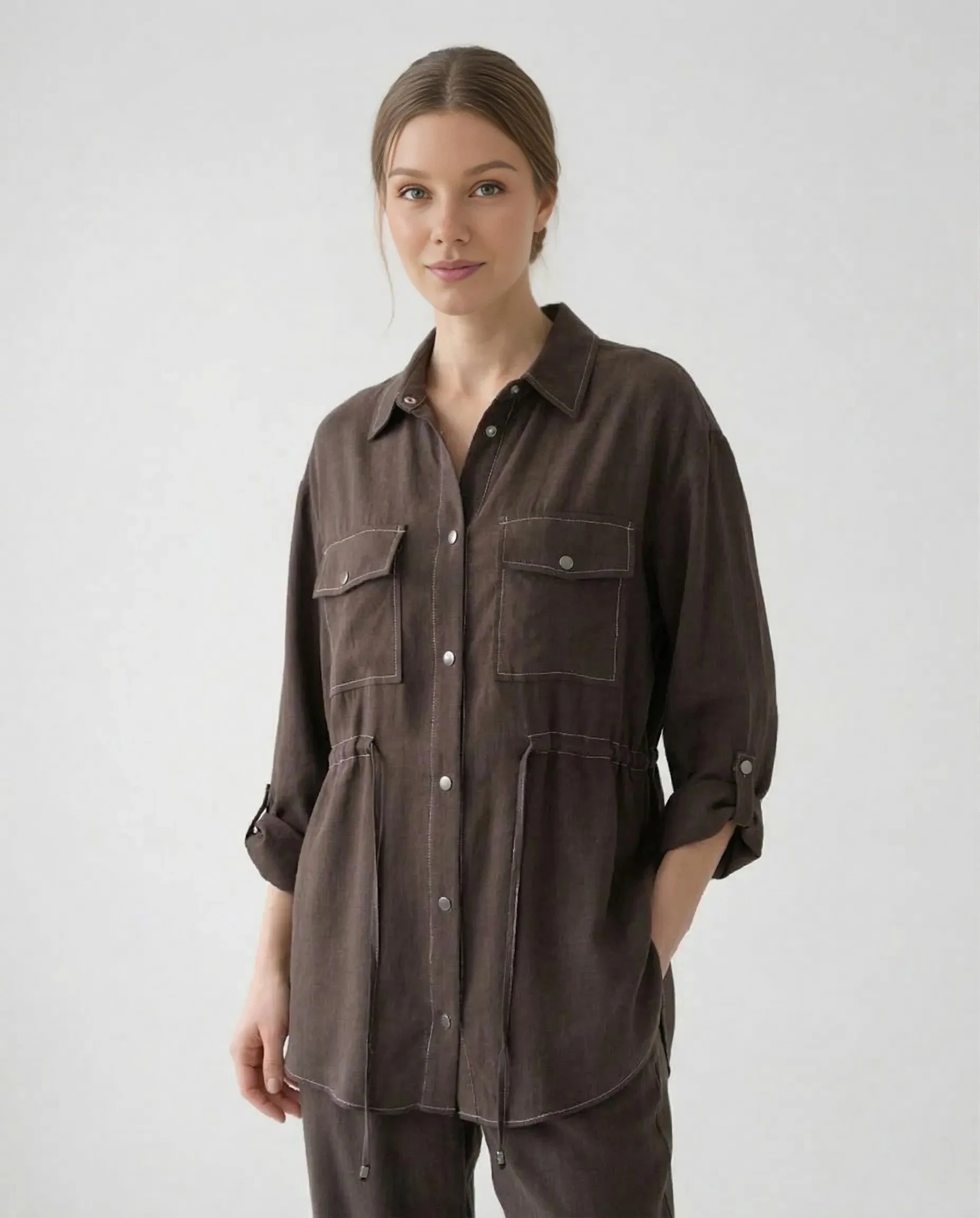 Kahverengi İpek Cupro Çıtçıtlı Gömlek Pantolon Takımı - Görsel 3