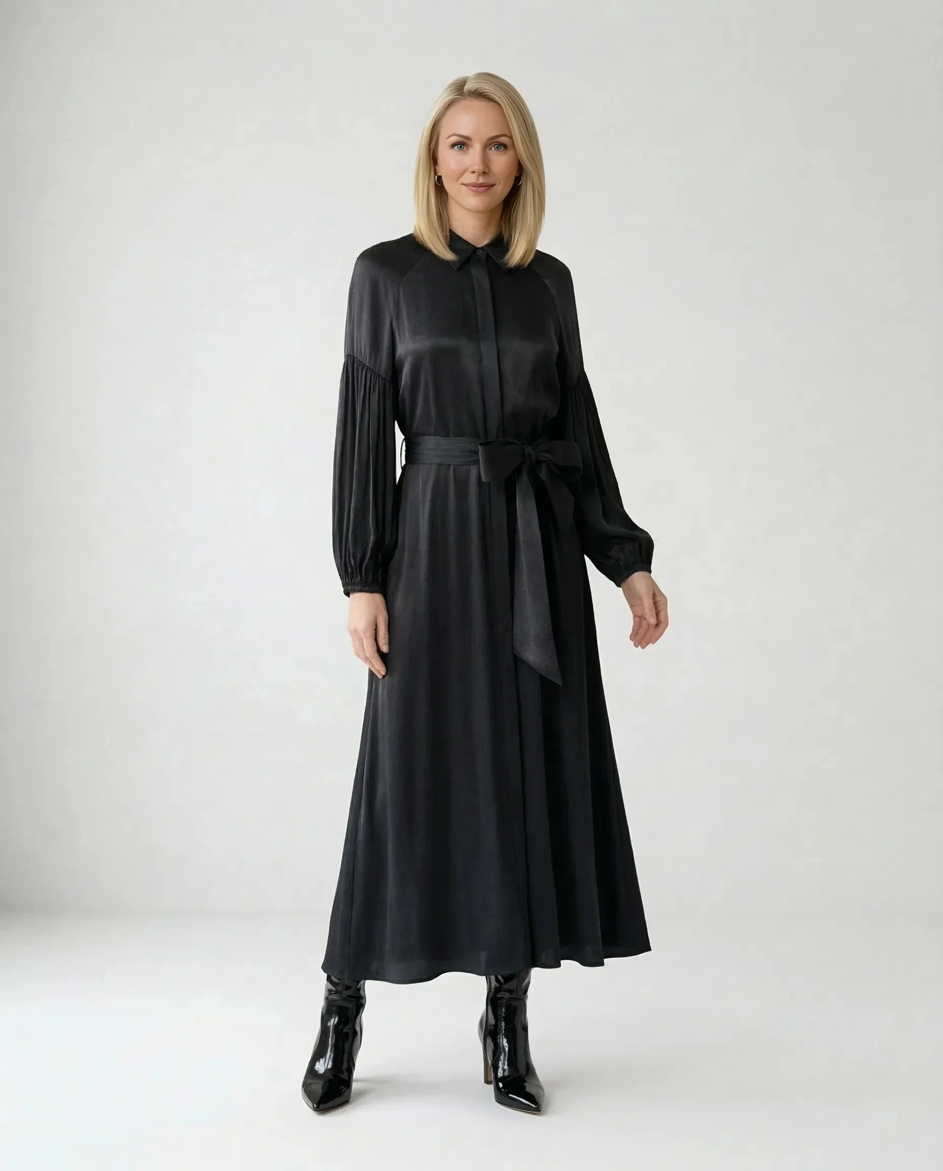 Siyah Gömlek Yakalı Kuşaklı İpek Cupro Elbise - ELBİSE