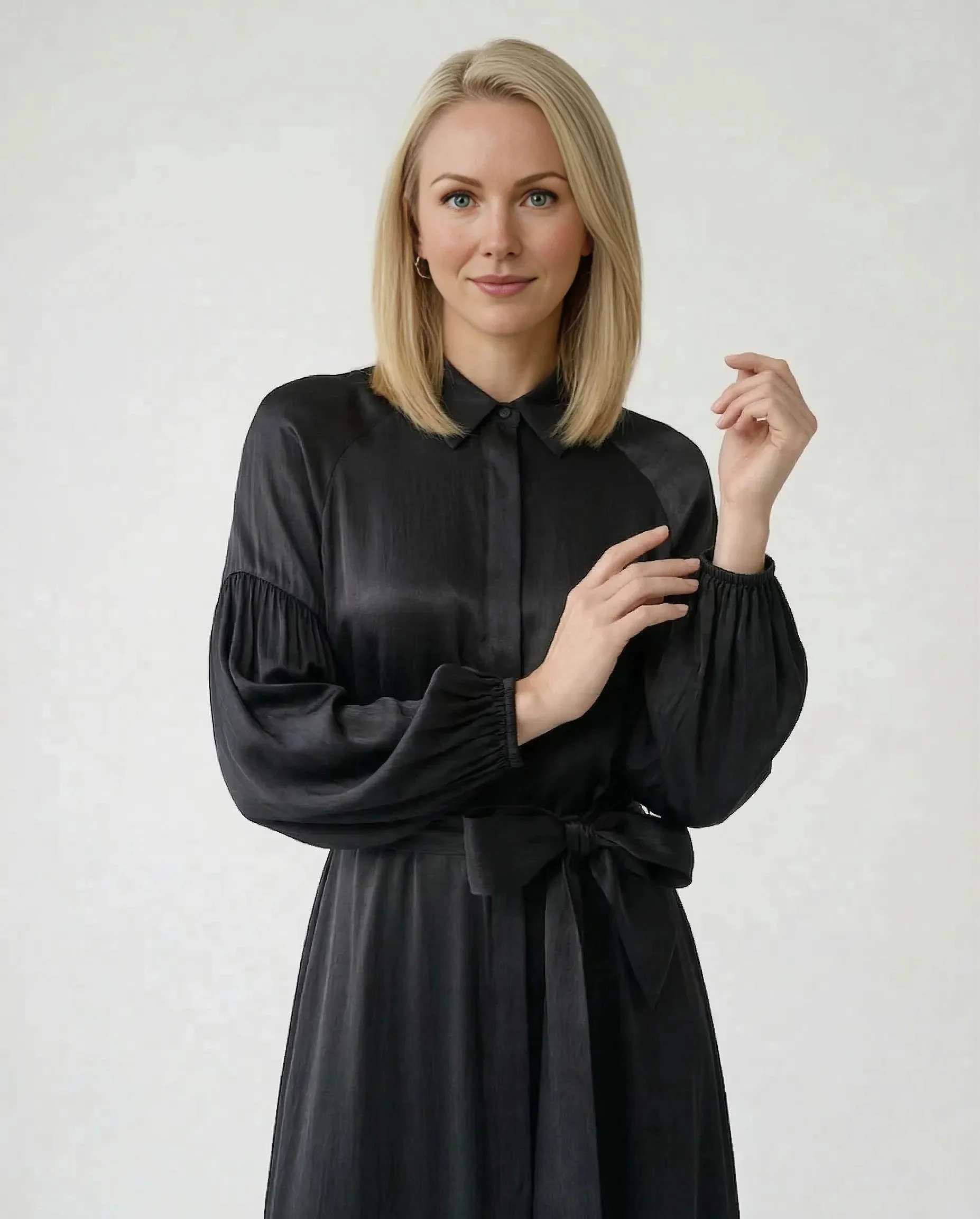 Siyah Gömlek Yakalı Kuşaklı İpek Cupro Elbise - Görsel 2