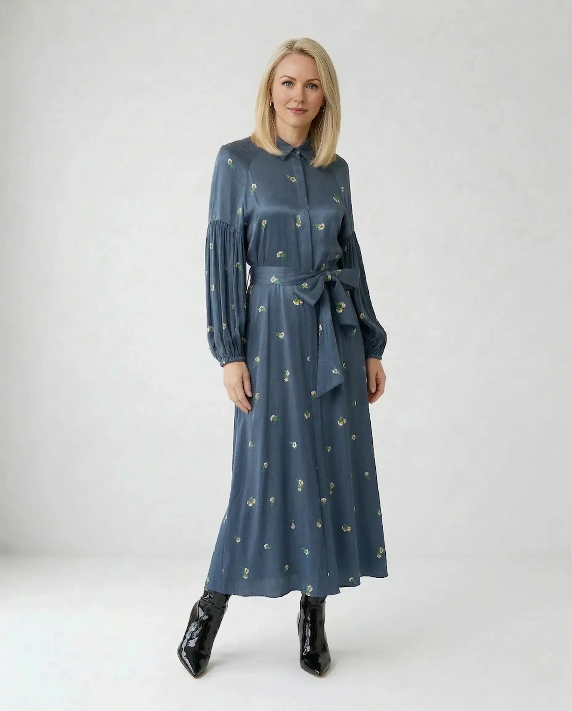 Mavi Çiçekli Desenli Gömlek Yakalı Kuşaklı İpek Cupro Elbise - ELBİSE