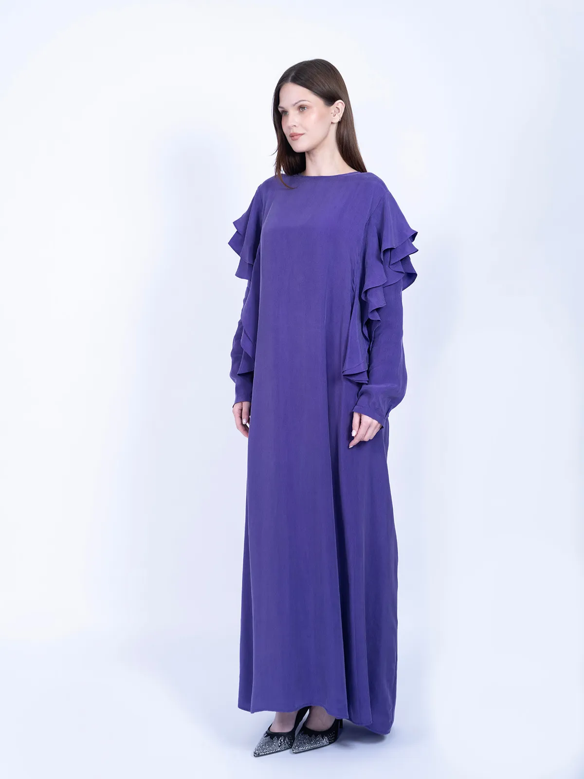Mor Volan Detaylı %100 İpek Cupro Elbise - Görsel 2