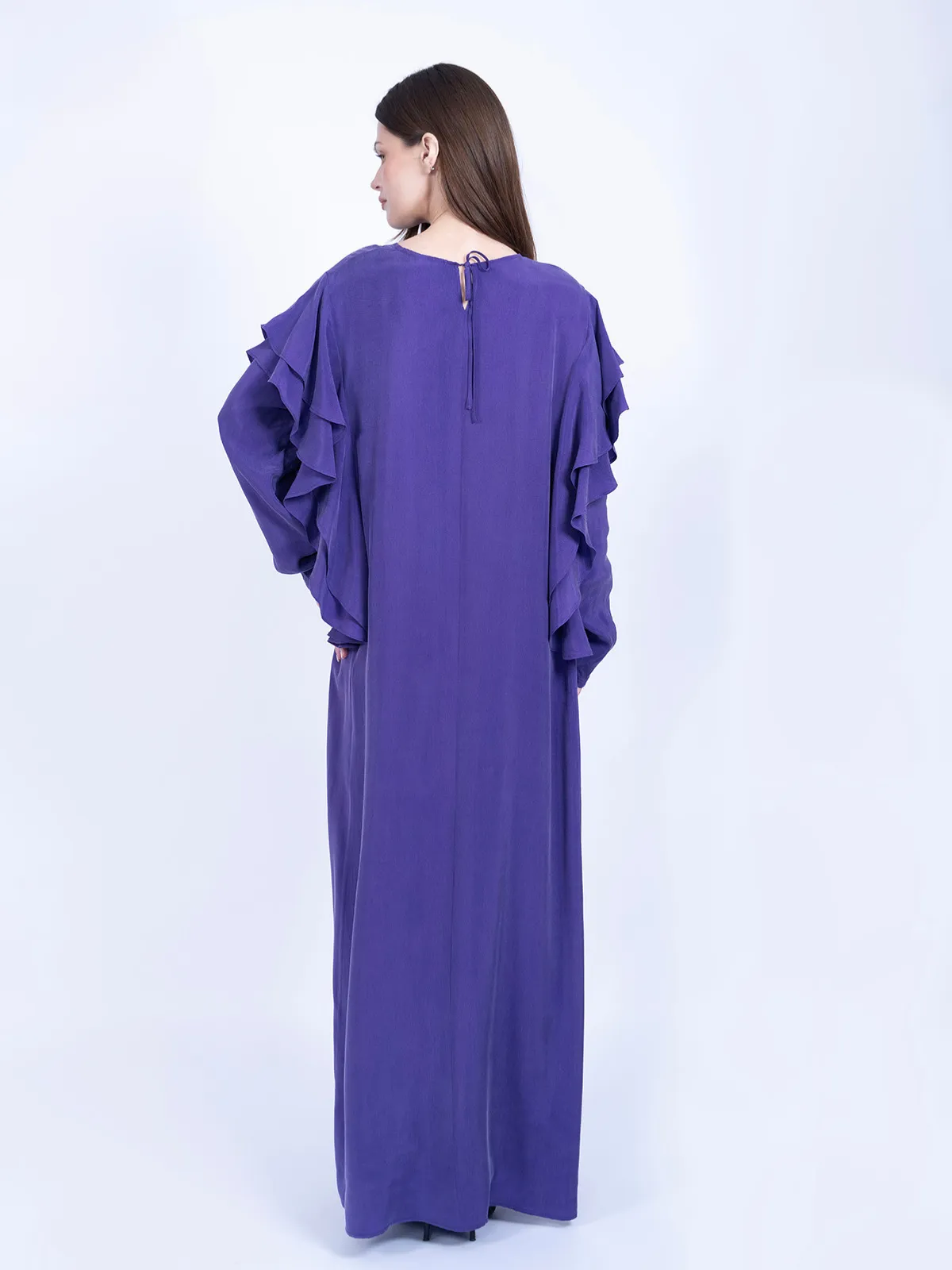 Mor Volan Detaylı %100 İpek Cupro Elbise - Görsel 3