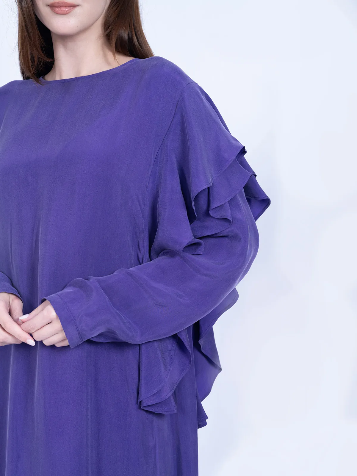 Mor Volan Detaylı %100 İpek Cupro Elbise - Görsel 4