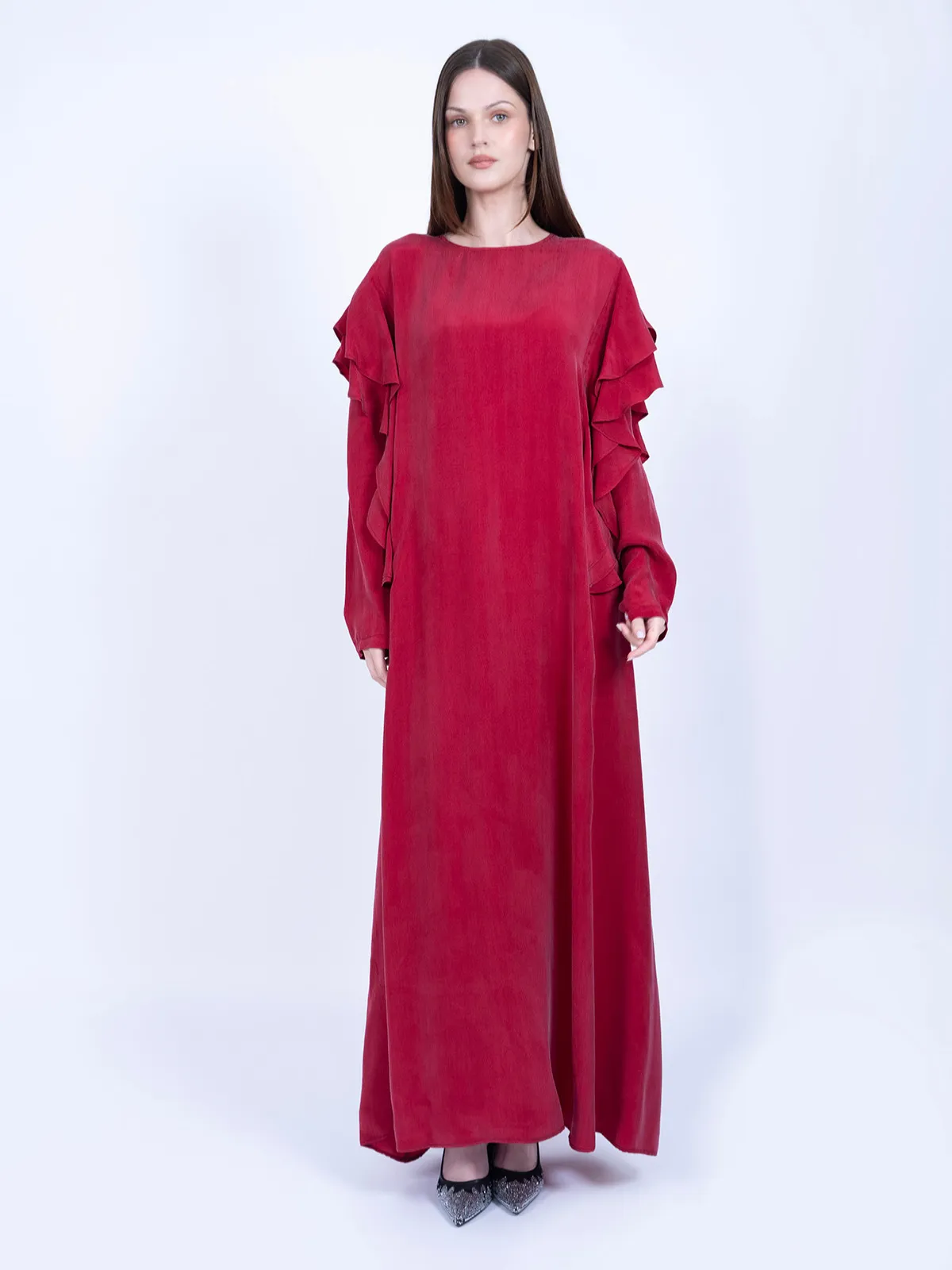 Kırmızı Volan Detaylı %100 İpek Cupro Elbise - İPEK CUPRO ELBİSE