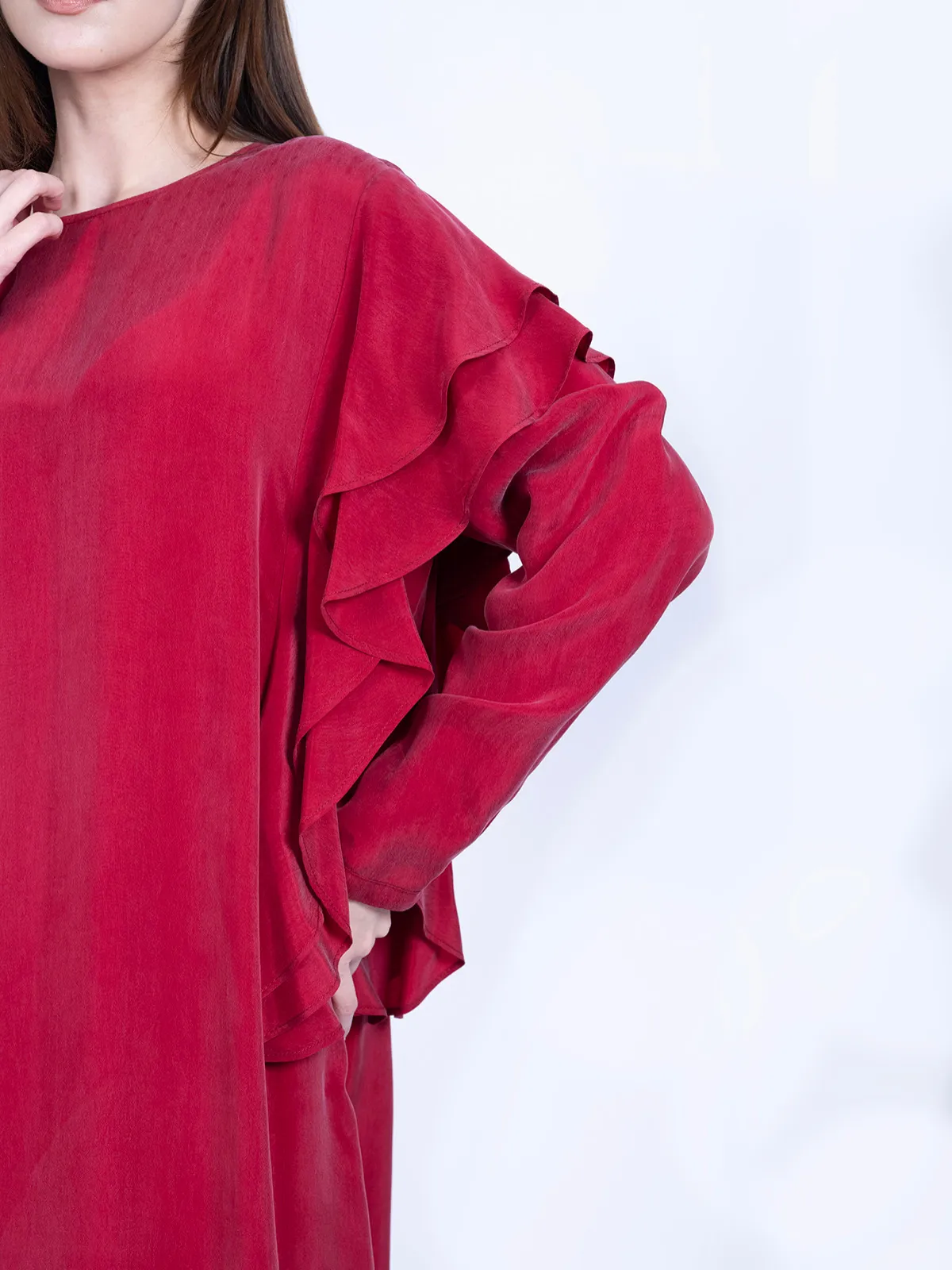 Kırmızı Volan Detaylı %100 İpek Cupro Elbise - Görsel 4