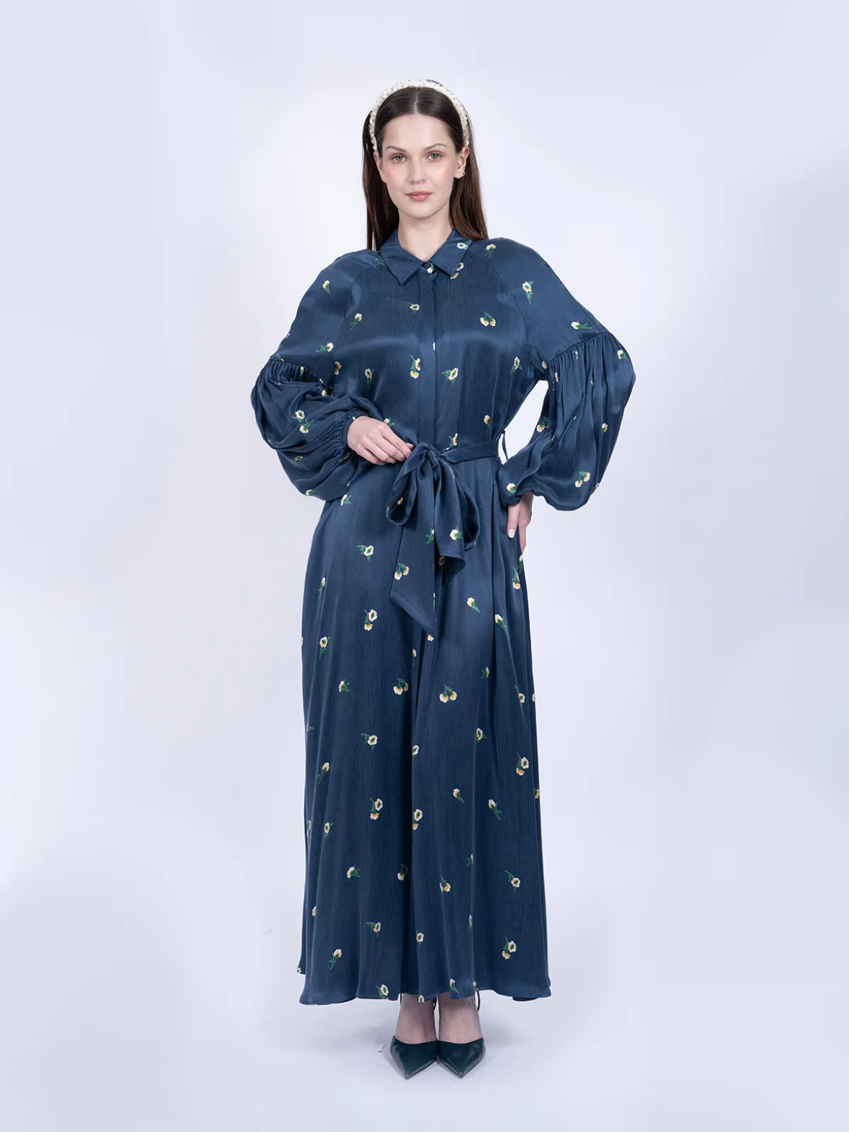 %100 İpek Cupro Çiçek Desenli Balon Kollu Elbise - Petrol Mavisi - İPEK CUPRO ELBİSE