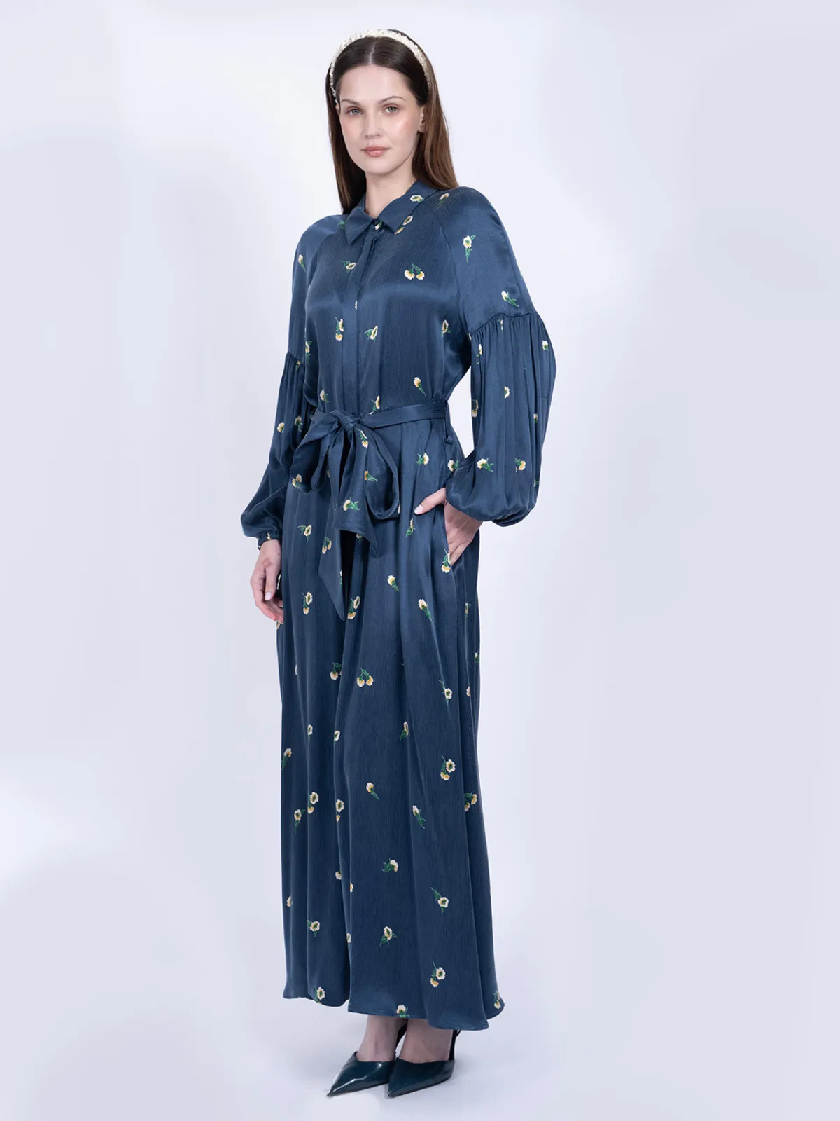 %100 İpek Cupro Çiçek Desenli Balon Kollu Elbise - Petrol Mavisi - Görsel 2