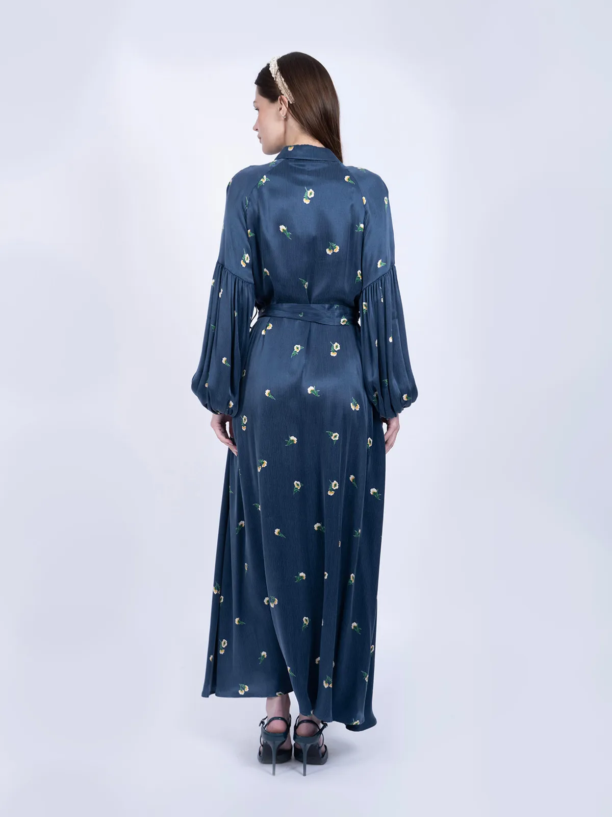 %100 İpek Cupro Çiçek Desenli Balon Kollu Elbise - Petrol Mavisi - Görsel 4