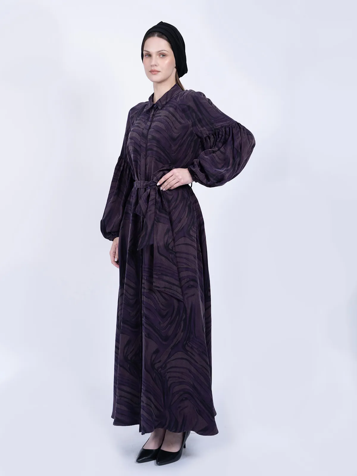 %100 İpek Cupro Desenli Balon Kollu Elbise - Mor - Görsel 2