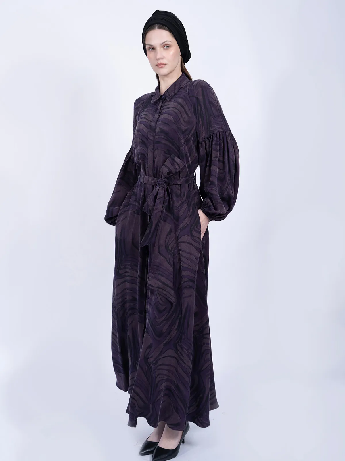 %100 İpek Cupro Desenli Balon Kollu Elbise - Mor - Görsel 3