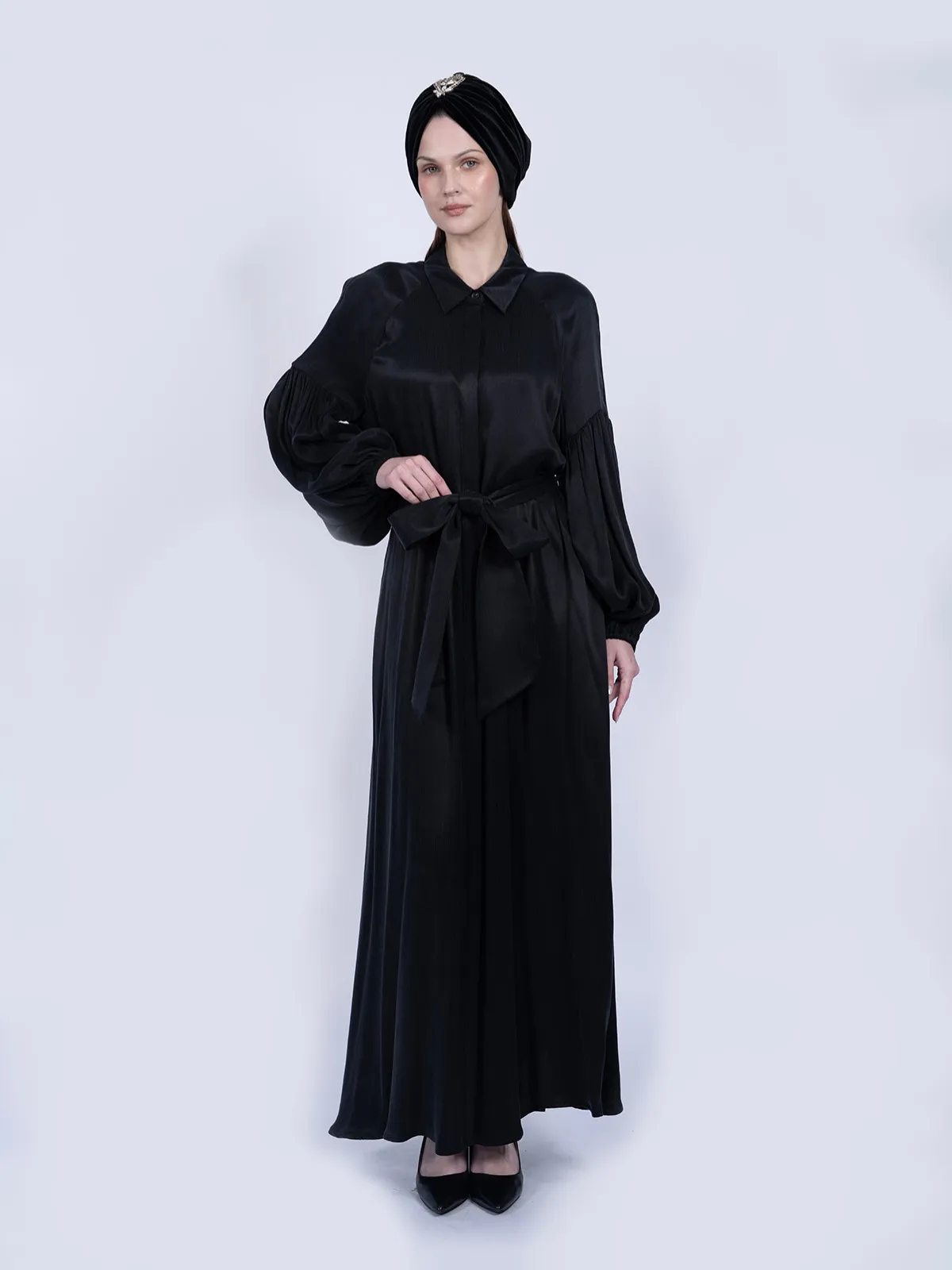 %100 İpek Cupro Siyah Balon Kollu Elbise - İPEK CUPRO ELBİSE