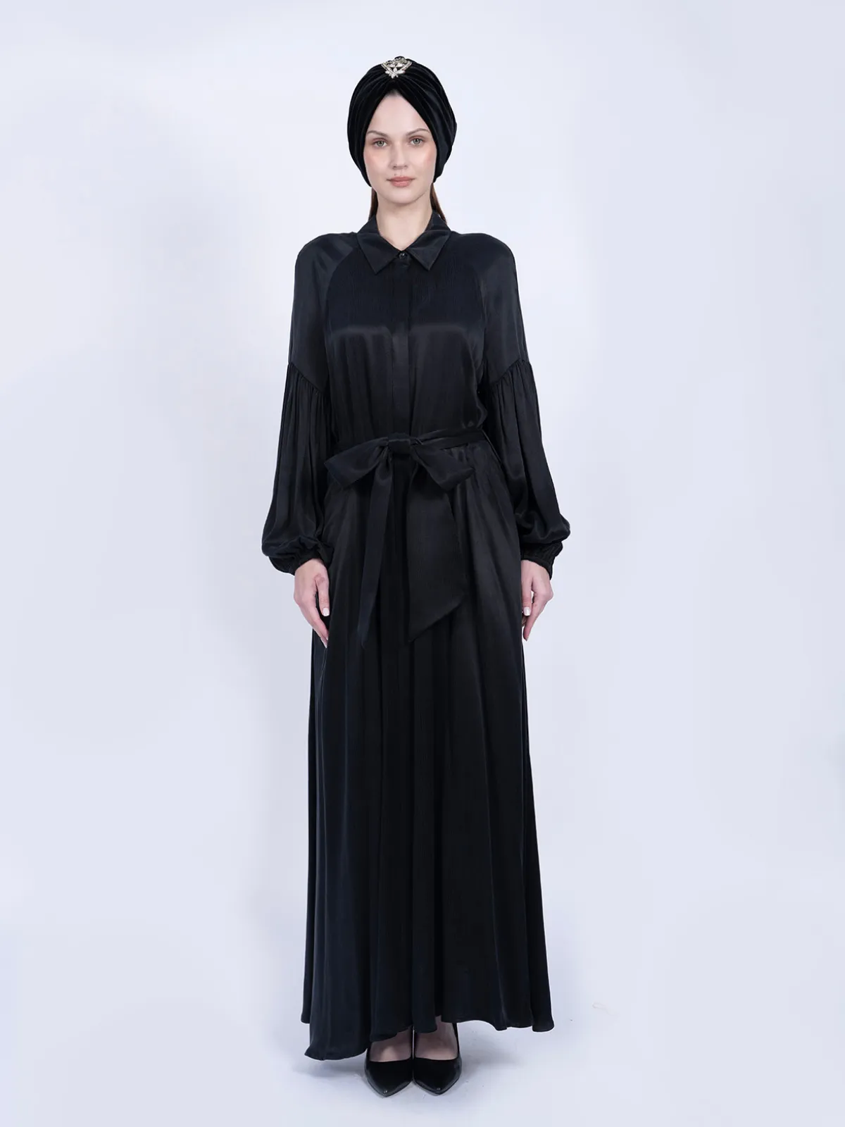 %100 İpek Cupro Siyah Balon Kollu Elbise - Görsel 2