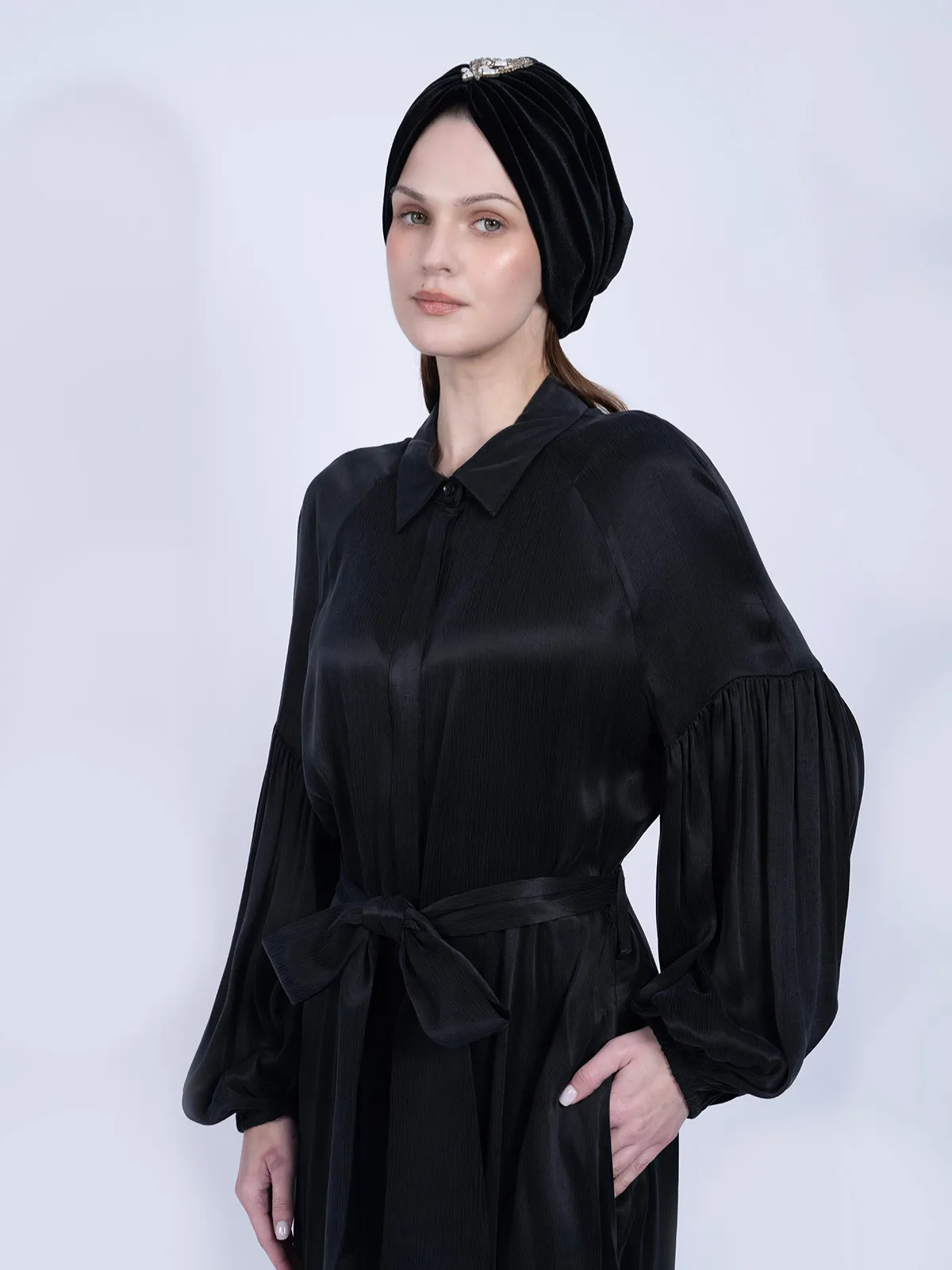 %100 İpek Cupro Siyah Balon Kollu Elbise - Görsel 4