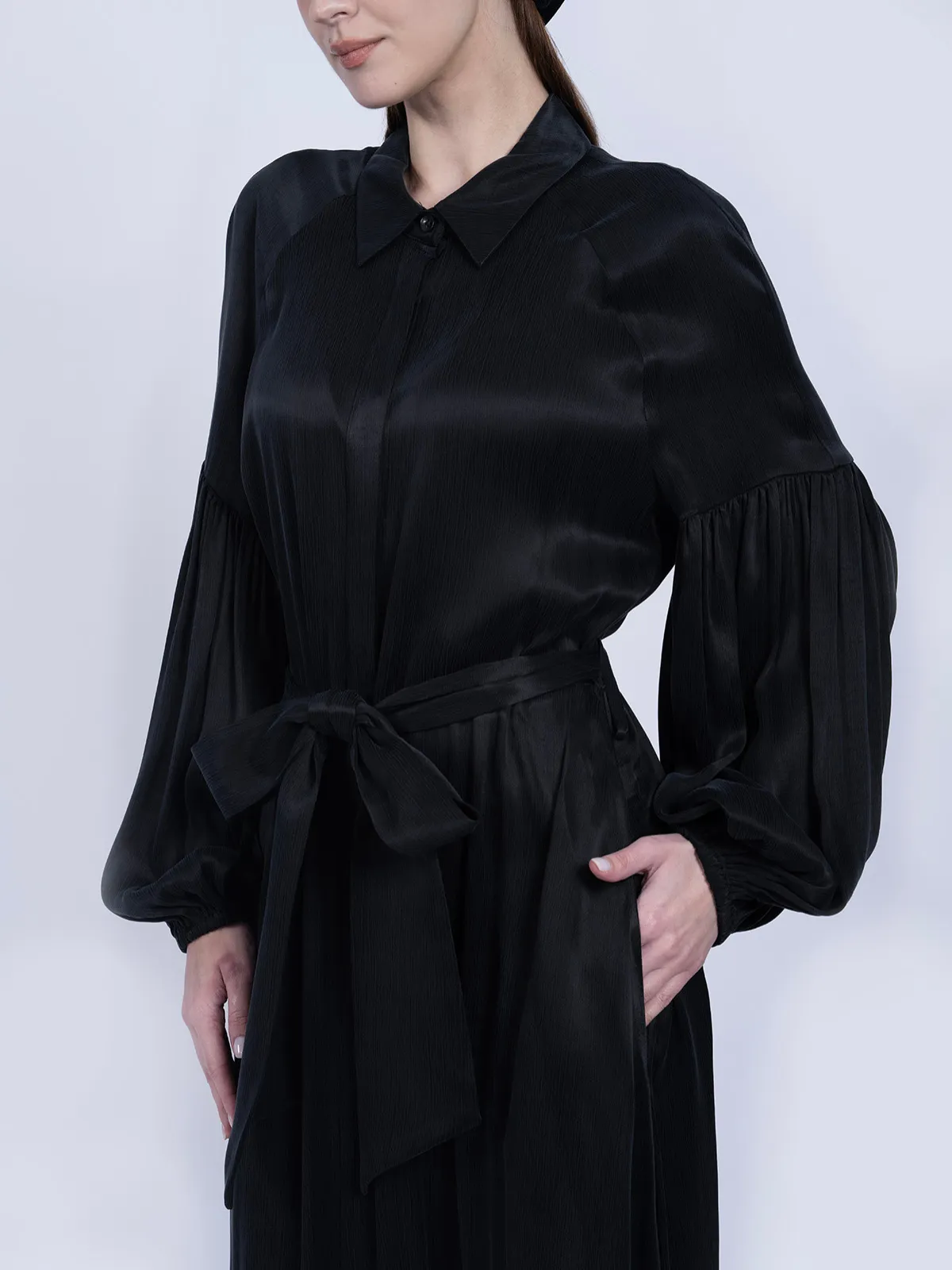 %100 İpek Cupro Siyah Balon Kollu Elbise - Görsel 5