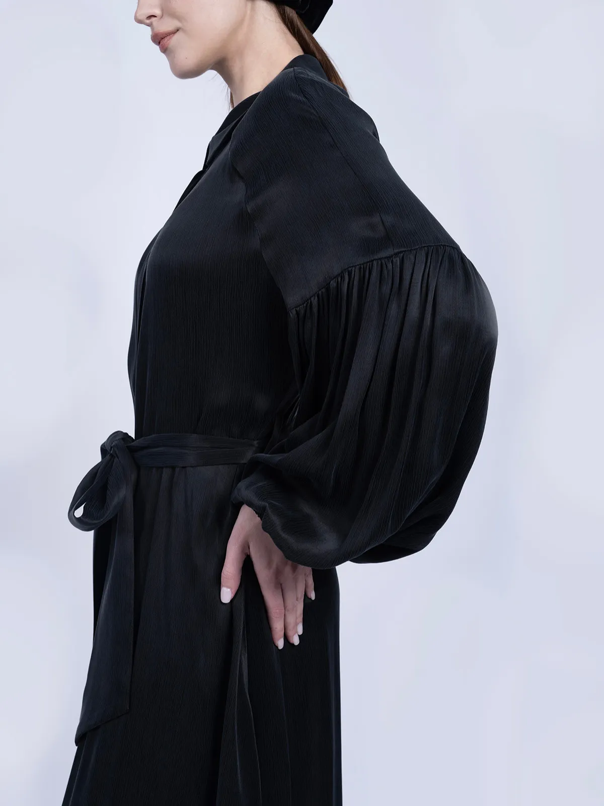 %100 İpek Cupro Siyah Balon Kollu Elbise - Görsel 6