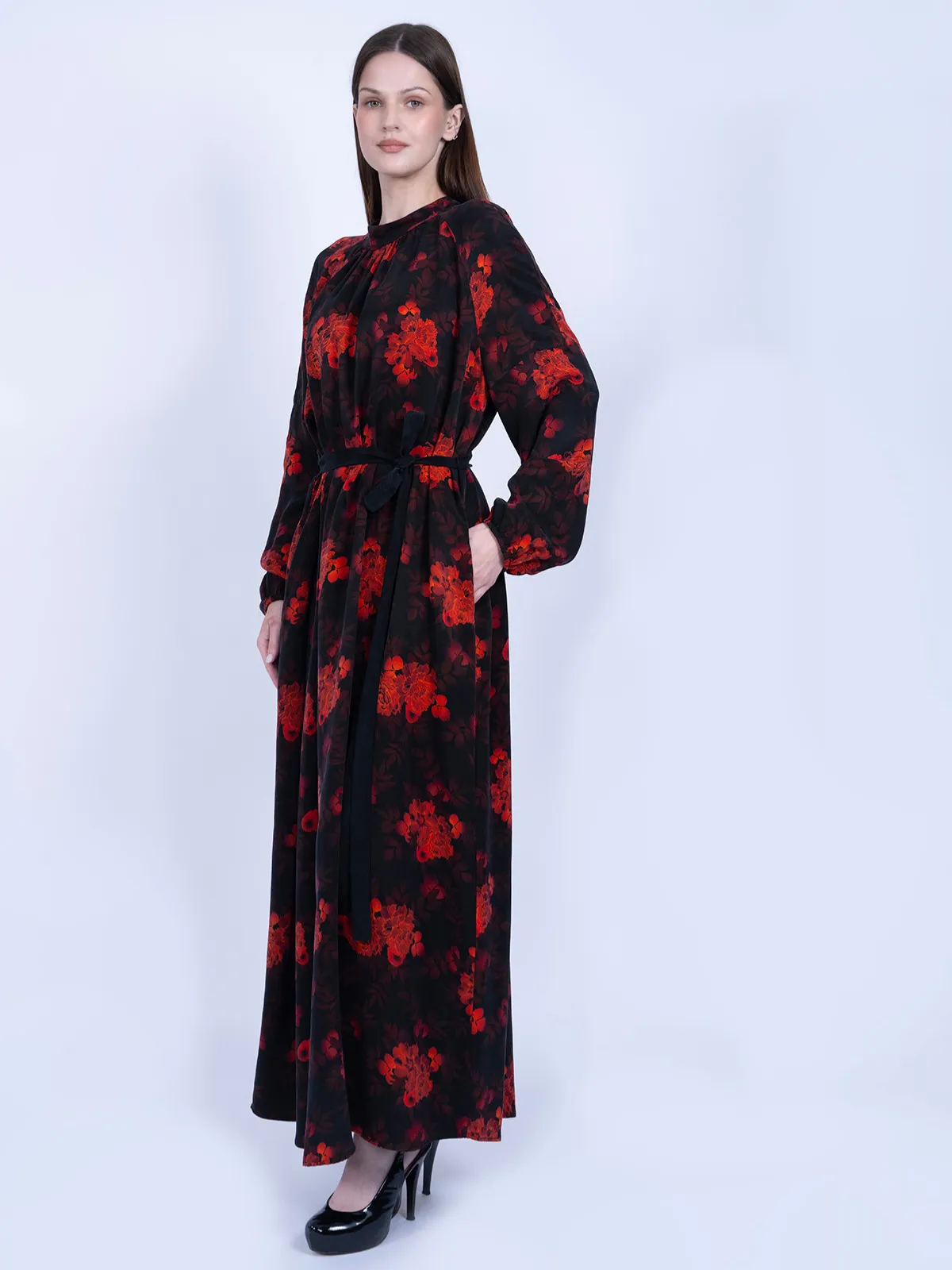 %100 İpek Cupro Turuncu Çiçek Desenli Kuşaklı Elbise - Görsel 2