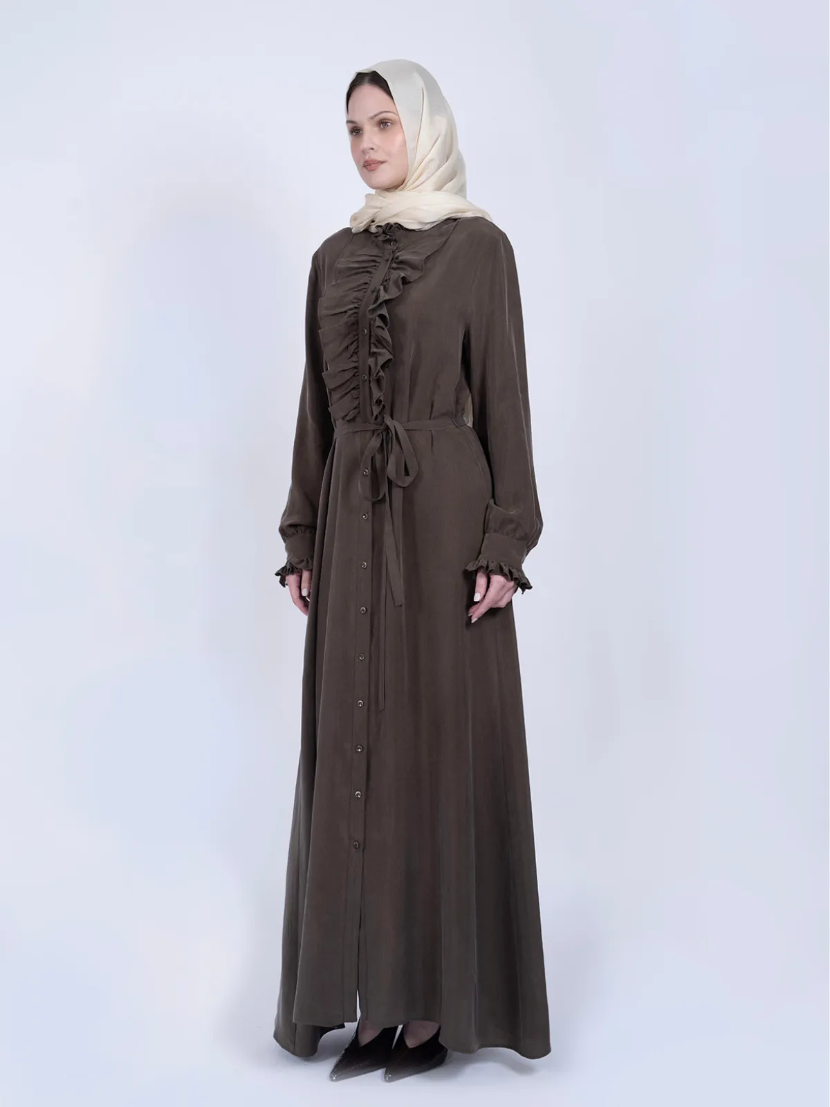 %100 İpek Cupro Kahve Önü Fırfırlı ve Kuşaklı Elbise - Görsel 2