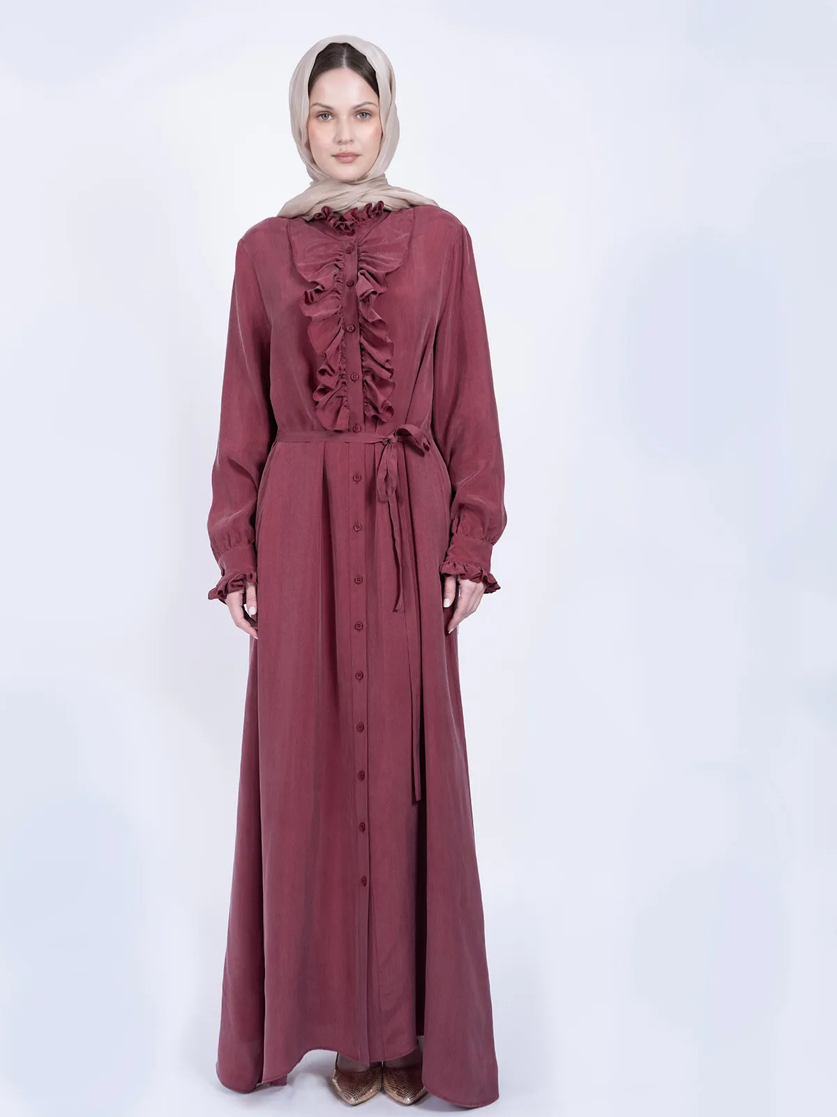 %100 İpek Cupro Gül Kurusu Önü Fırfırlı ve Kuşaklı Elbise - İPEK CUPRO ELBİSE