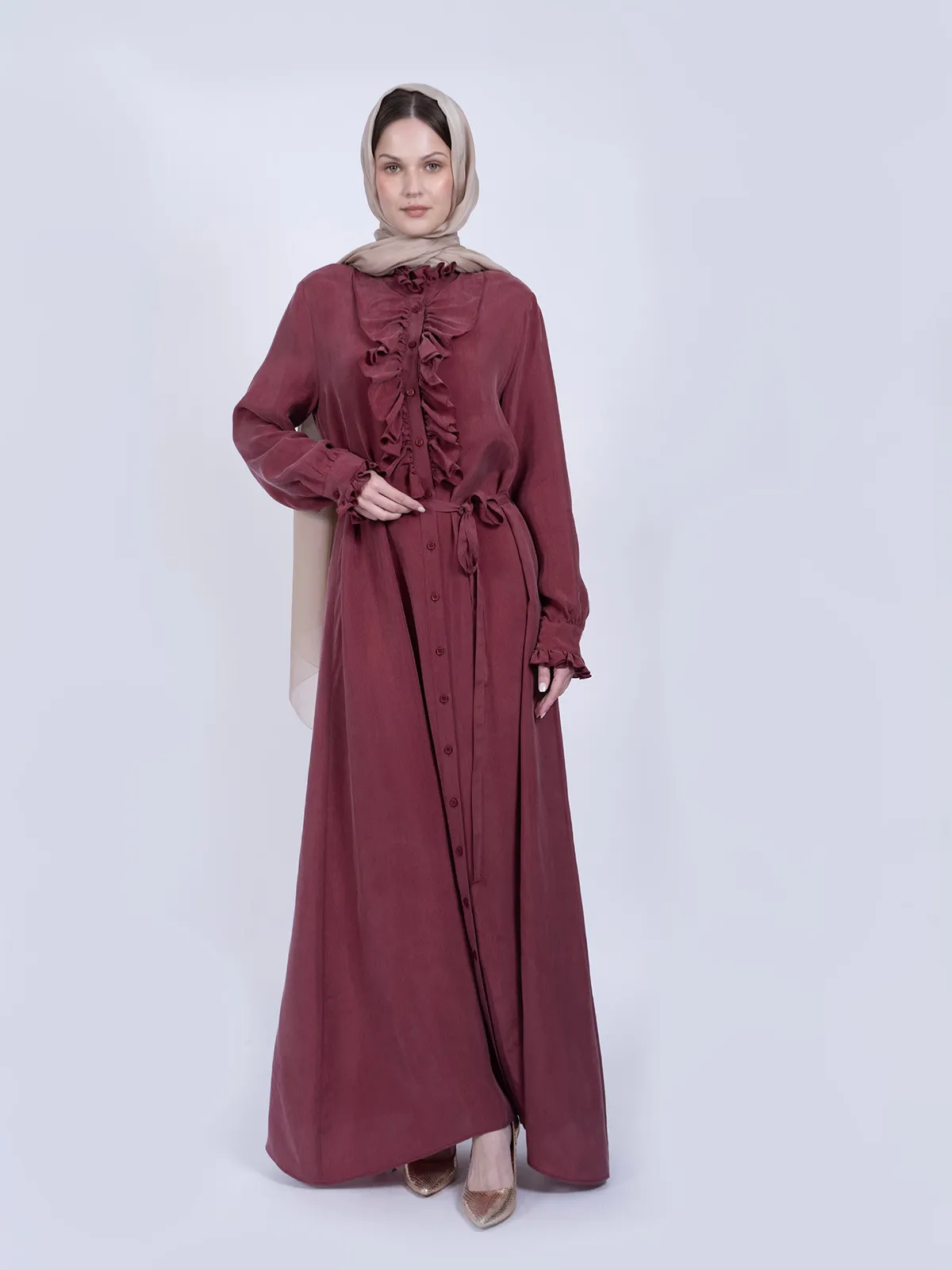 %100 İpek Cupro Gül Kurusu Önü Fırfırlı ve Kuşaklı Elbise - Görsel 2