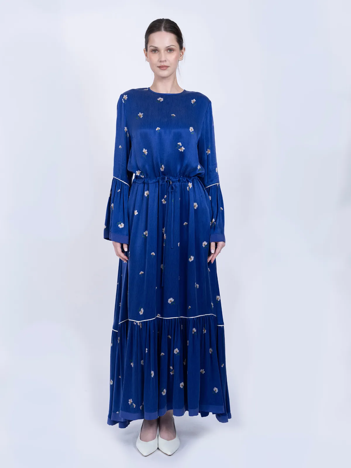 İpek Cupro Mavi Çiçekli Biyeli Elbise - İPEK CUPRO ELBİSE