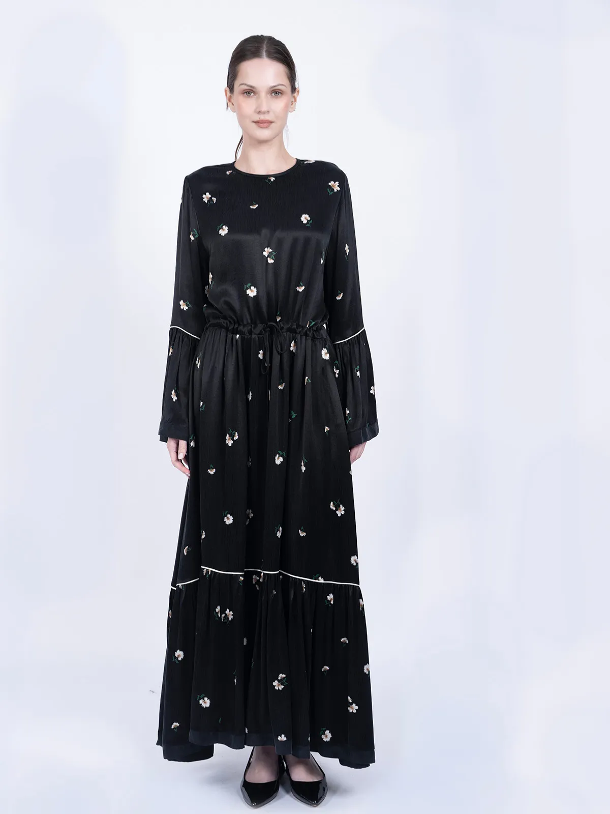 İpek Cupro Siyah Çiçekli Biyeli Elbise - İPEK CUPRO ELBİSE