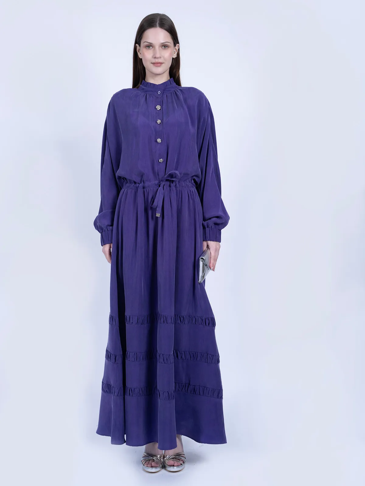 İpek Cupro Beli Bağcıklı ve Katlı Fırfır Detaylı Mor Elbise - İPEK CUPRO ELBİSE