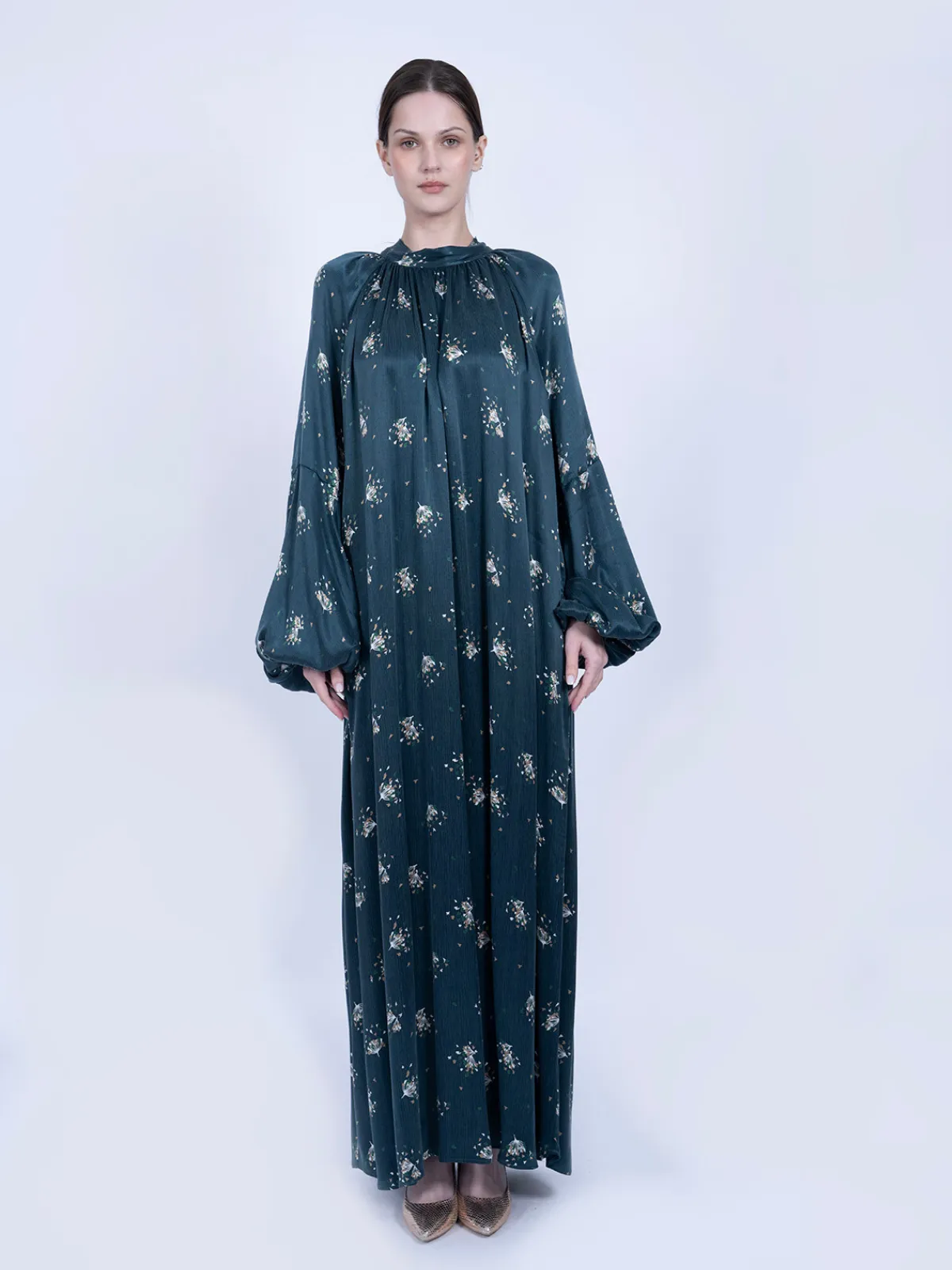 Kravat Yaka Çiçek Desenli İpek Cupro Elbise - Petrol Yeşili - İPEK CUPRO ELBİSE