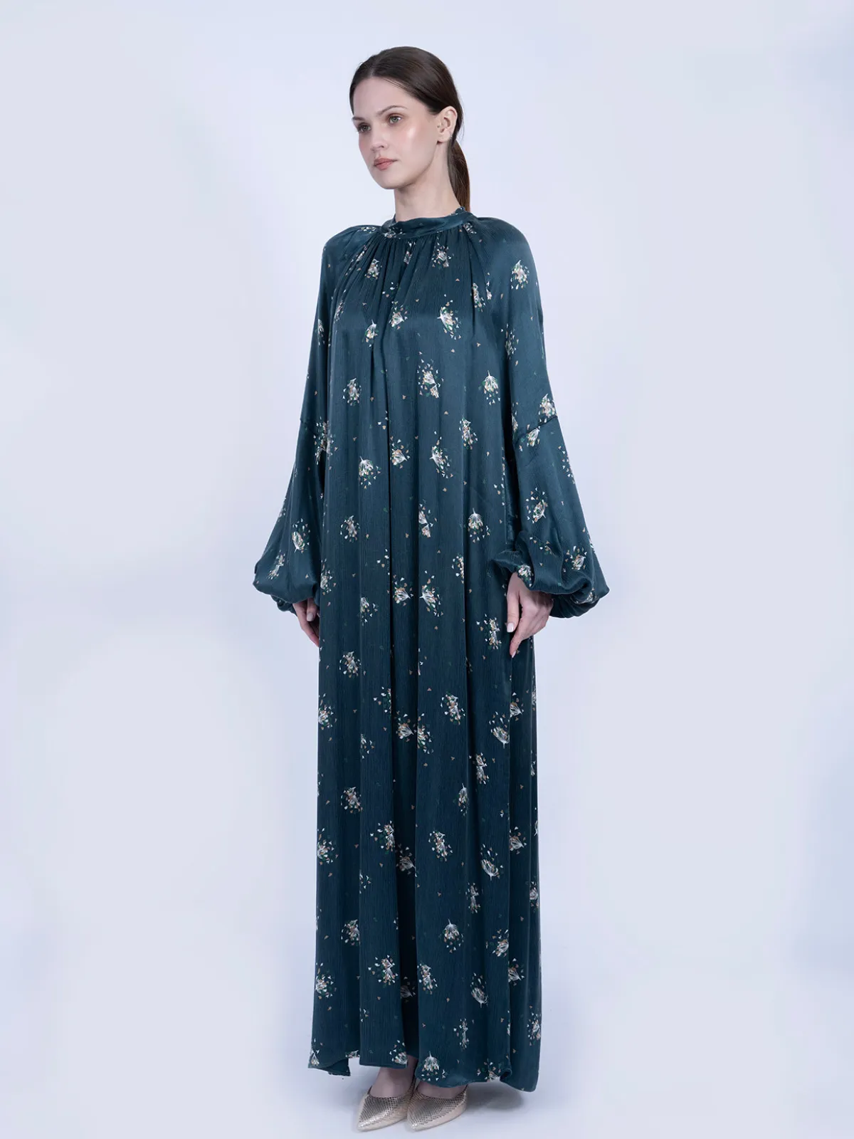 Kravat Yaka Çiçek Desenli İpek Cupro Elbise - Petrol Yeşili - Görsel 2