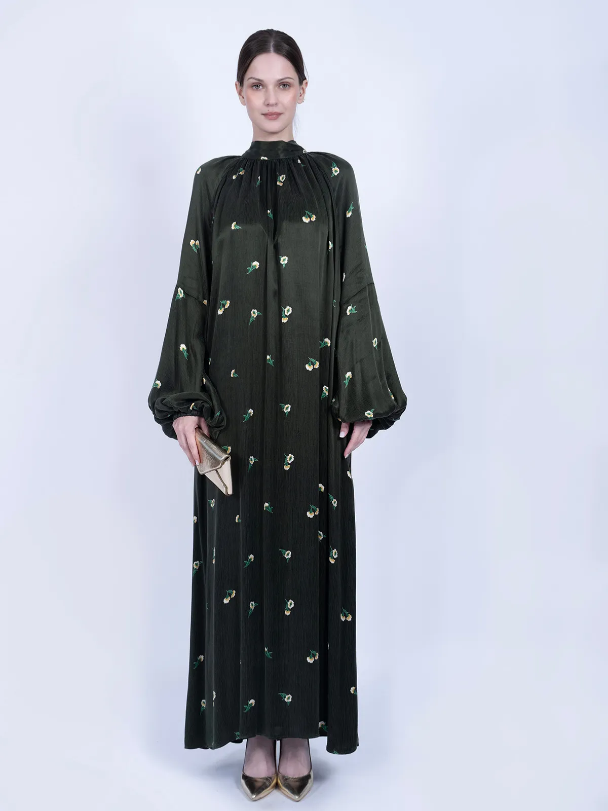 Kravat Yaka Çiçek Desenli İpek Cupro Elbise - Yeşil - İPEK CUPRO ELBİSE